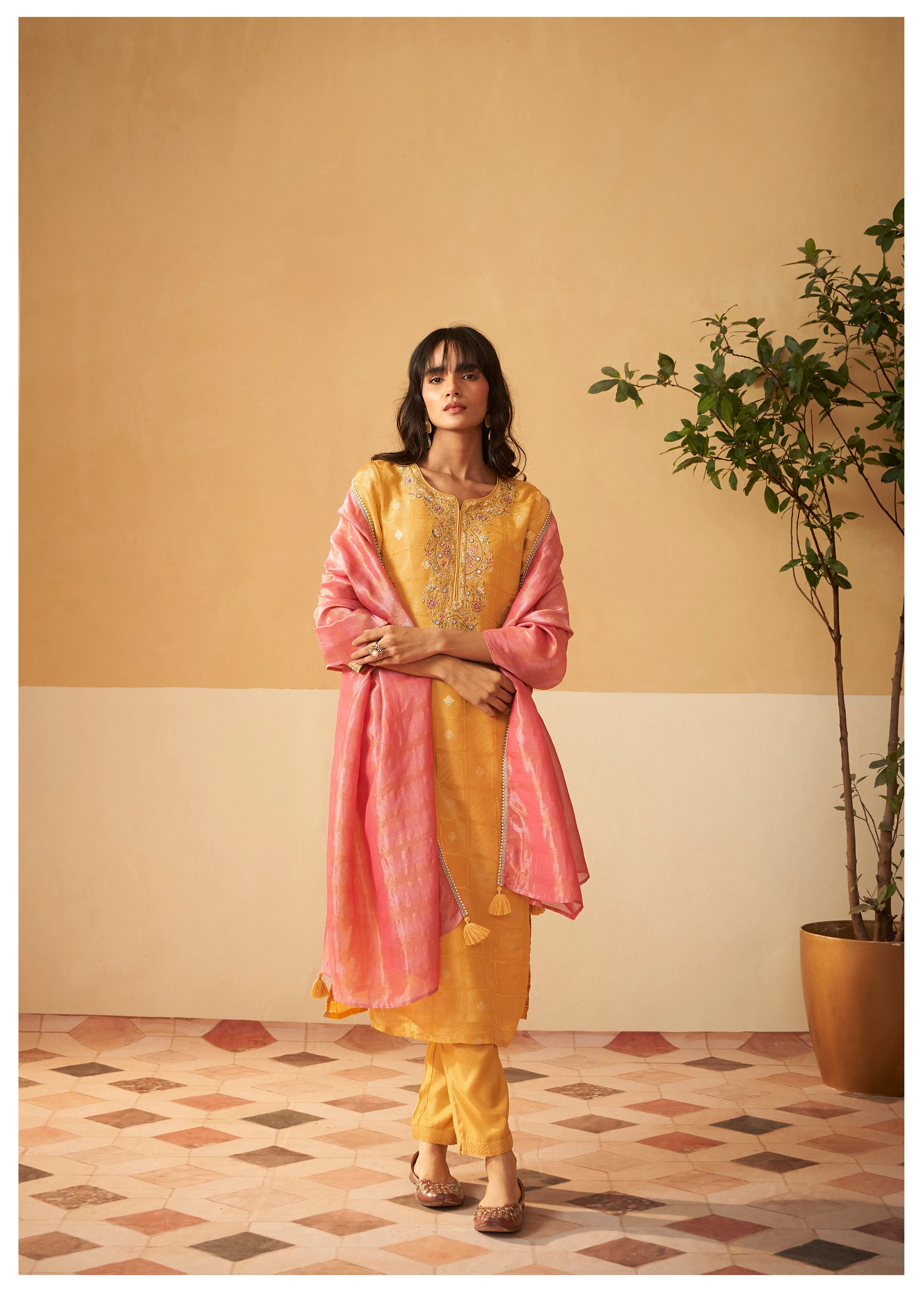 Saffron Yellow Shimmer Self-Jacquard Silk Kurta Set