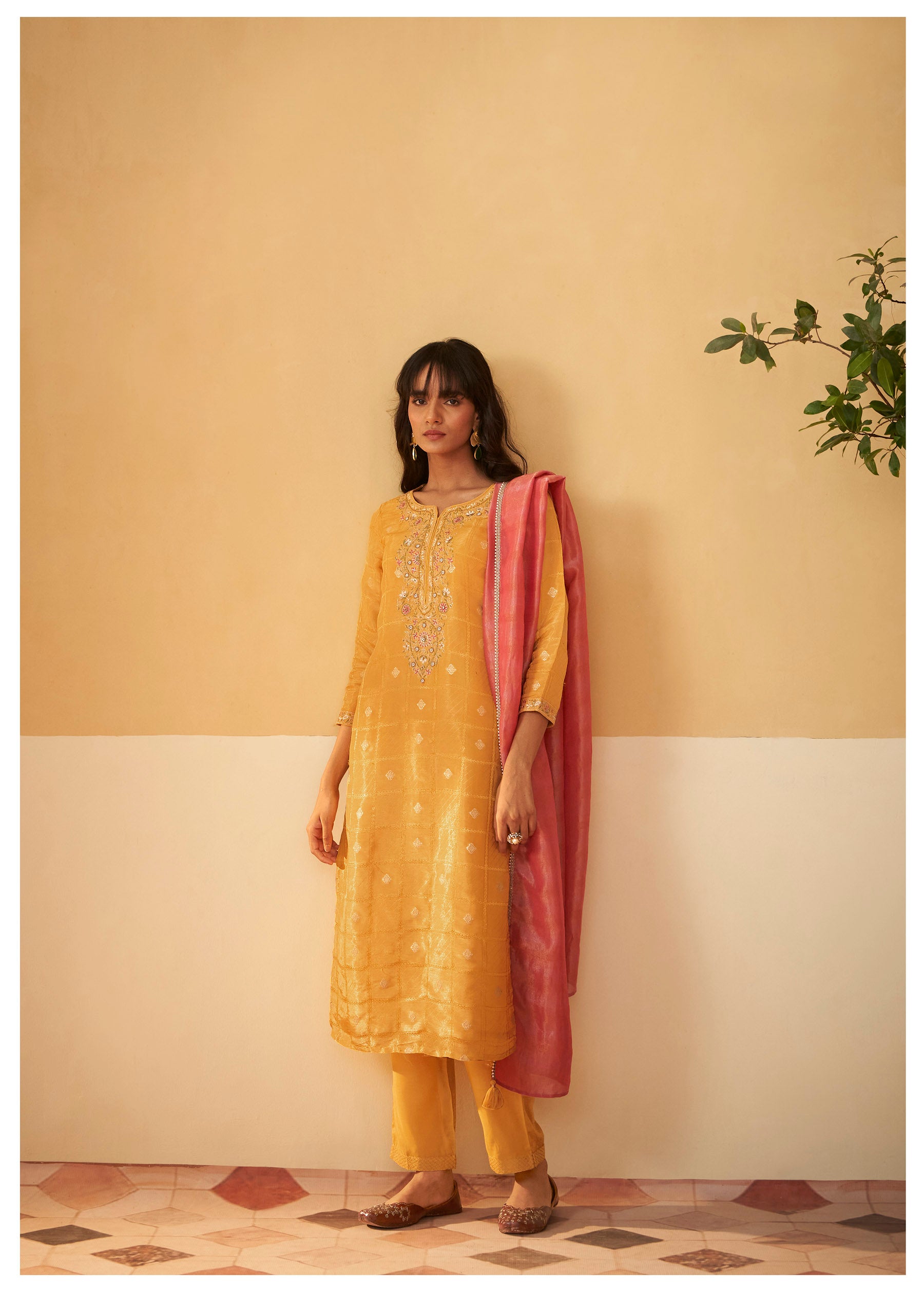 Saffron Yellow Shimmer Self-Jacquard Silk Kurta Set