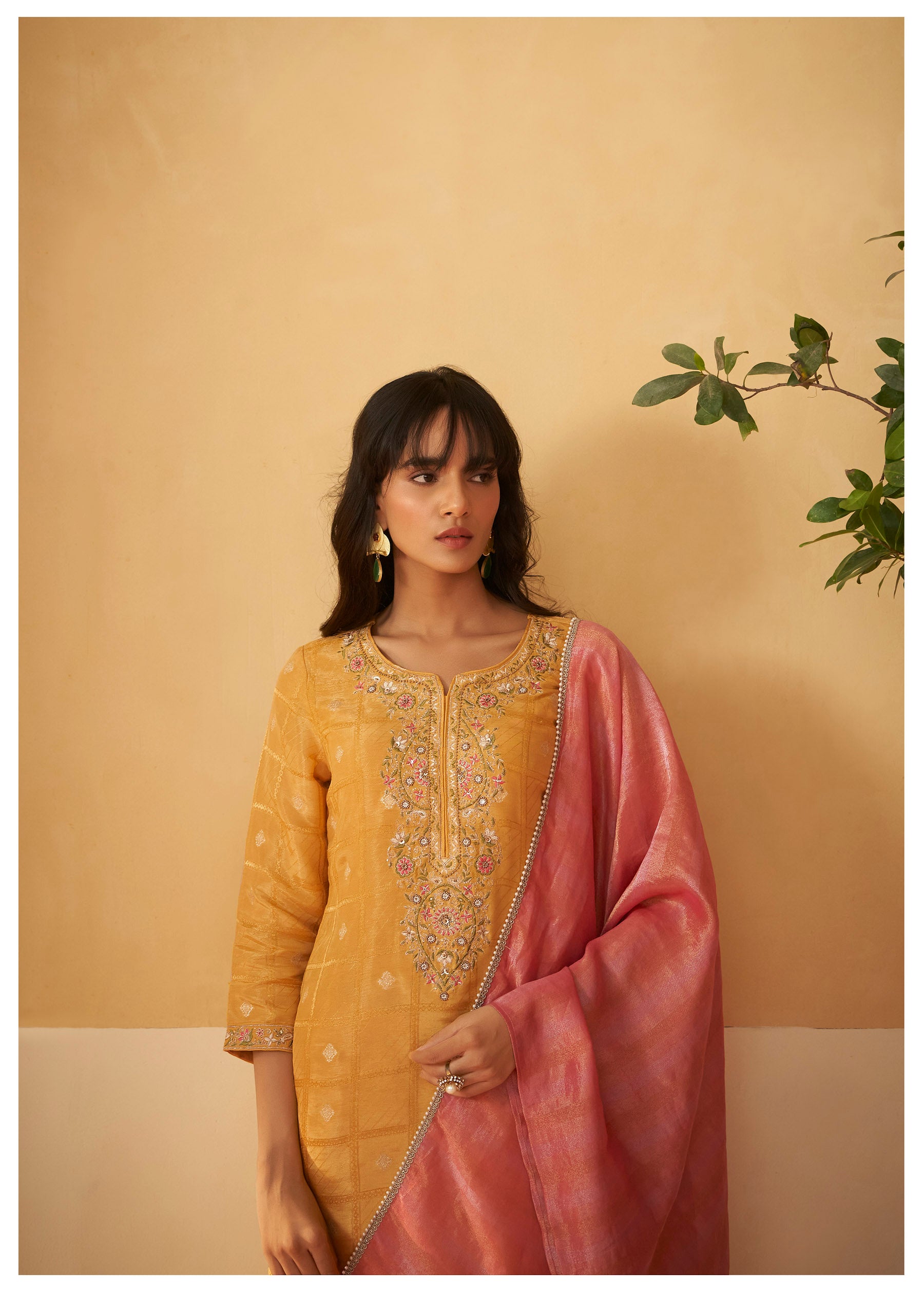 Saffron Yellow Shimmer Self-Jacquard Silk Kurta Set