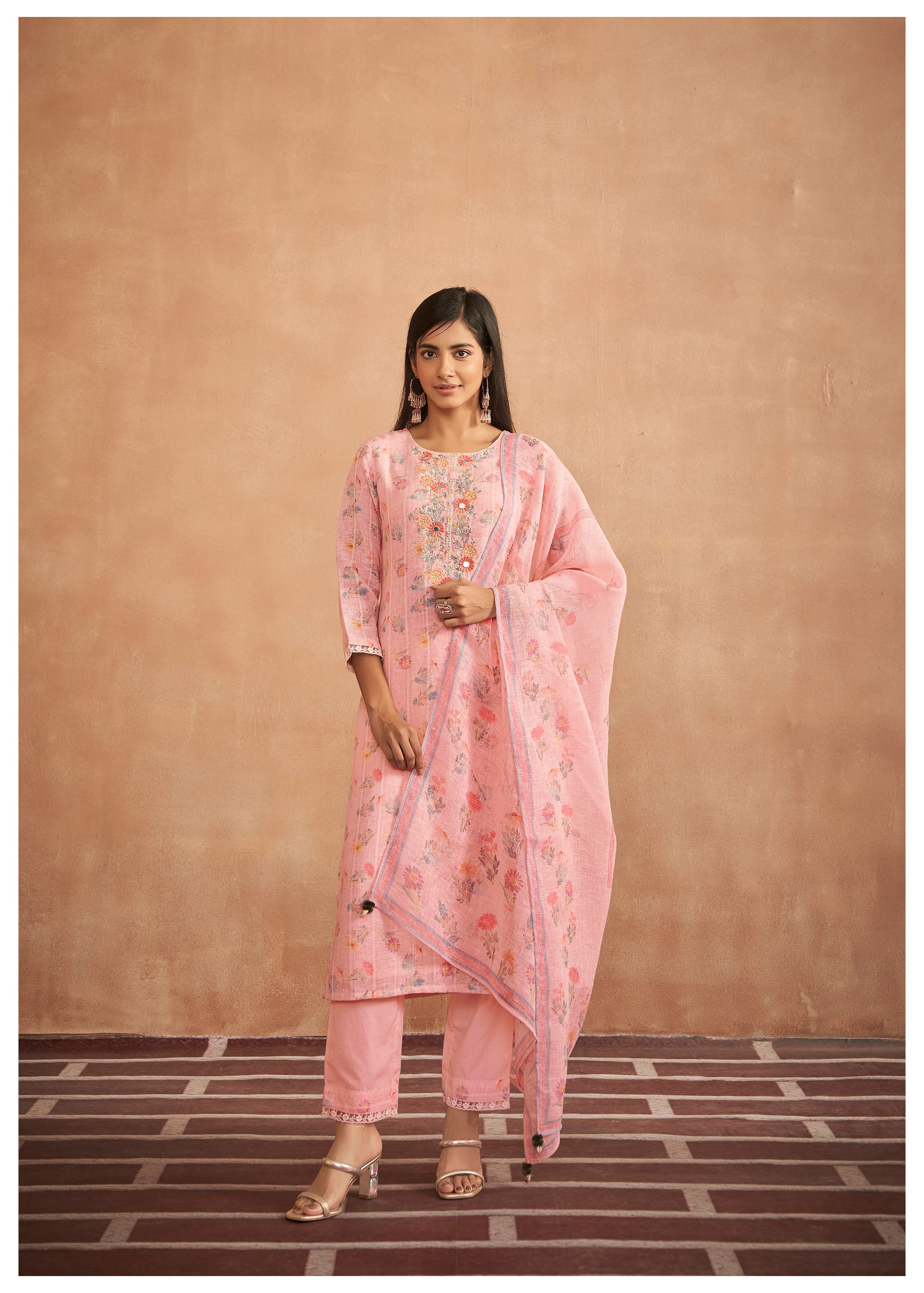 Embroidered Pink Cotton Linen Ensemble