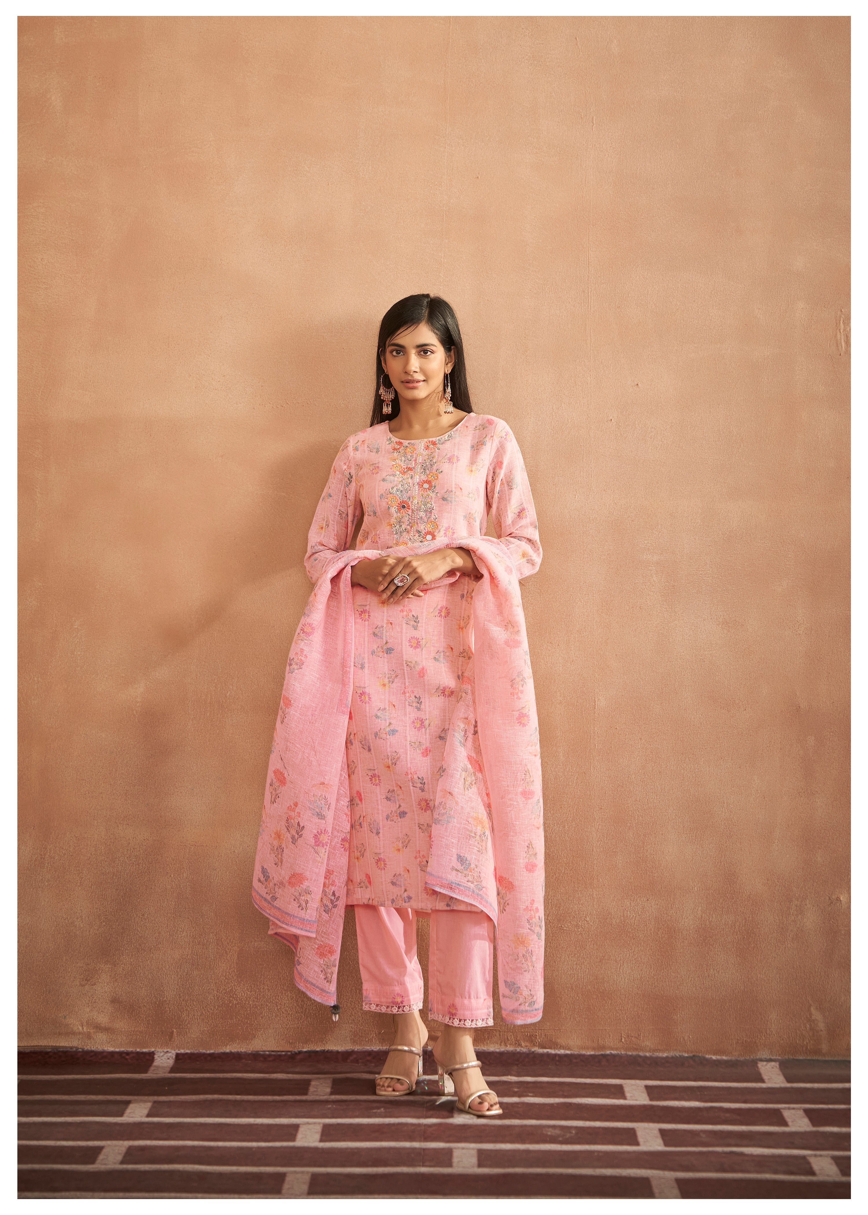 Embroidered Pink Cotton Linen Ensemble