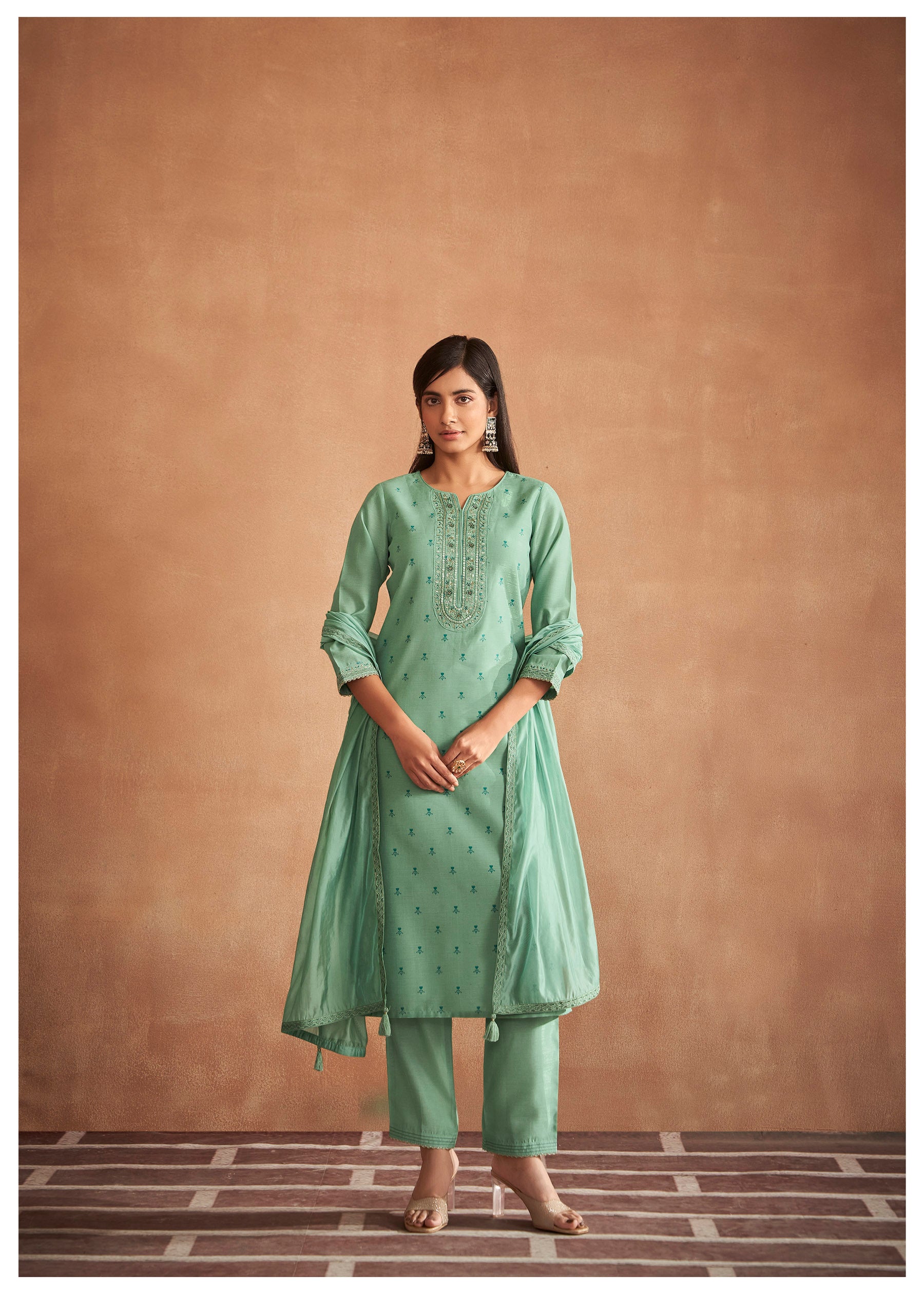 Green Shimmer Embroidered Kurta Set