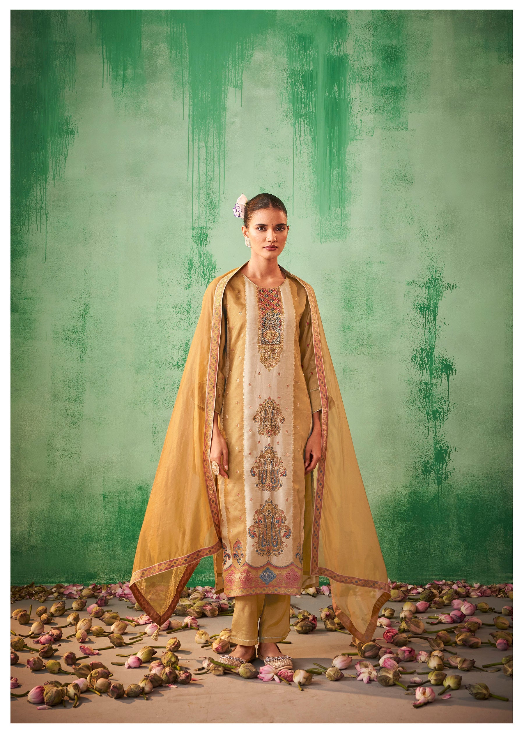 Mustard Radiance Jacquard Organza Set