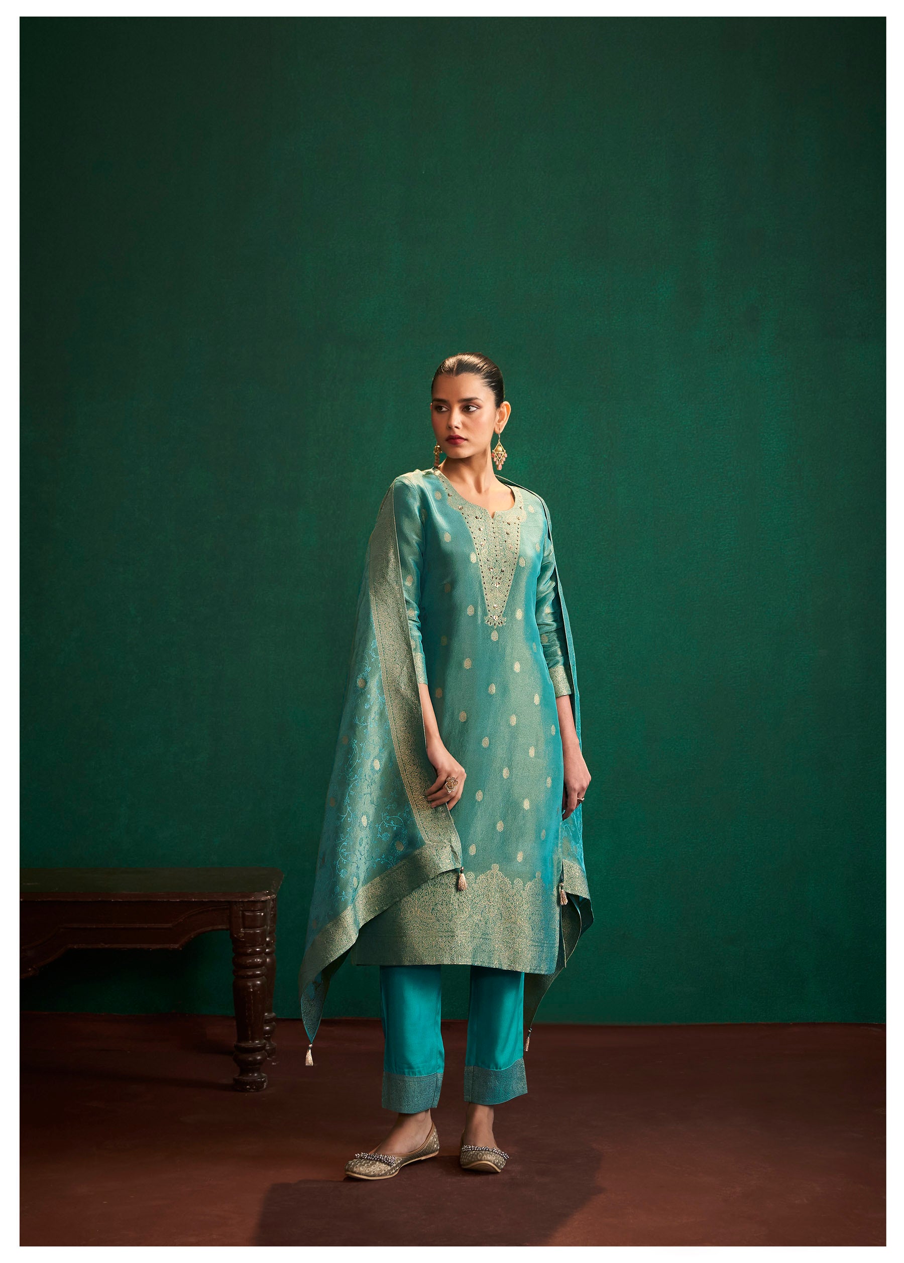 Rama Green Full Tissue Silk Kurta Set