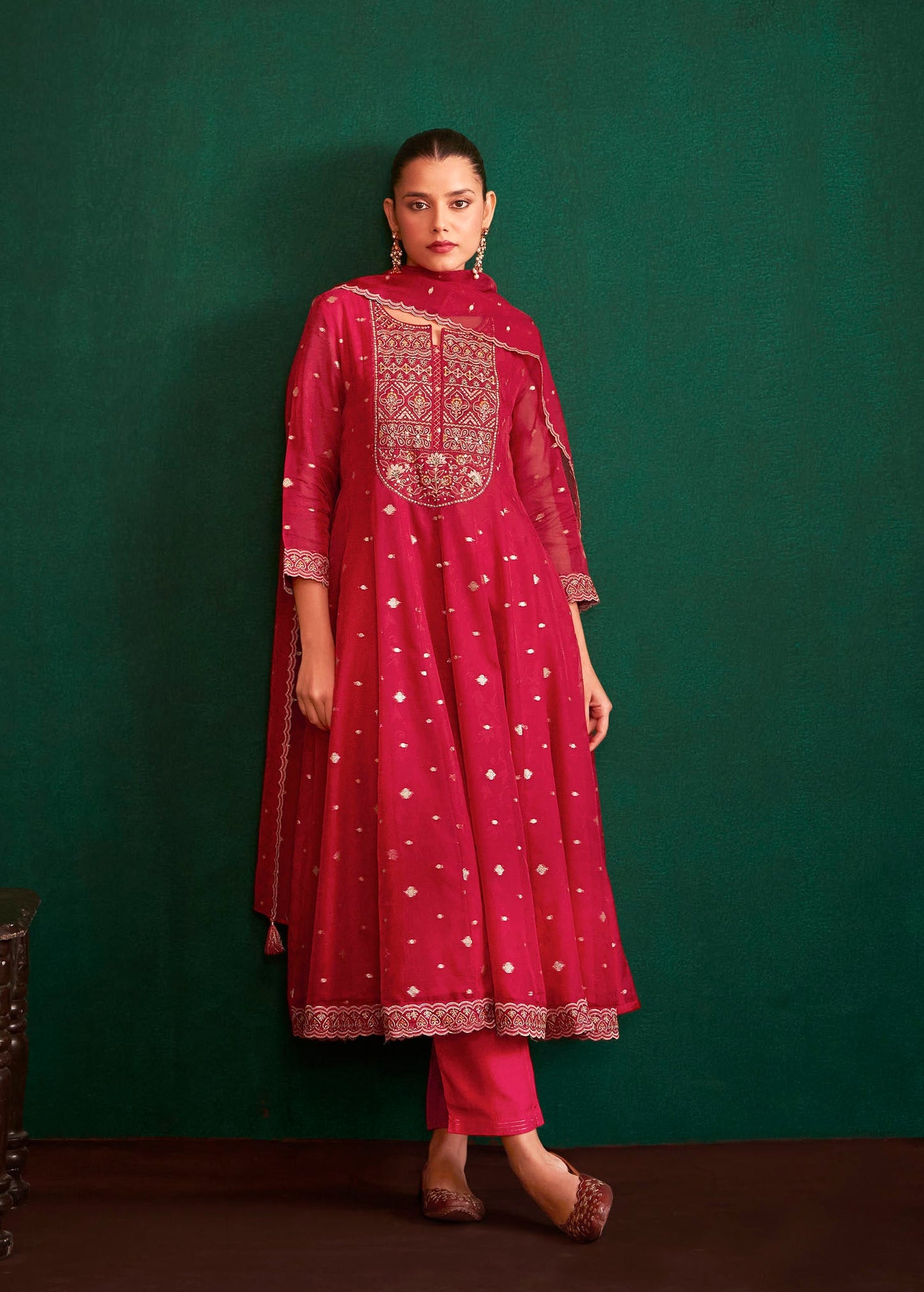 Rubra Red Jacquard Organza Kurta Set
