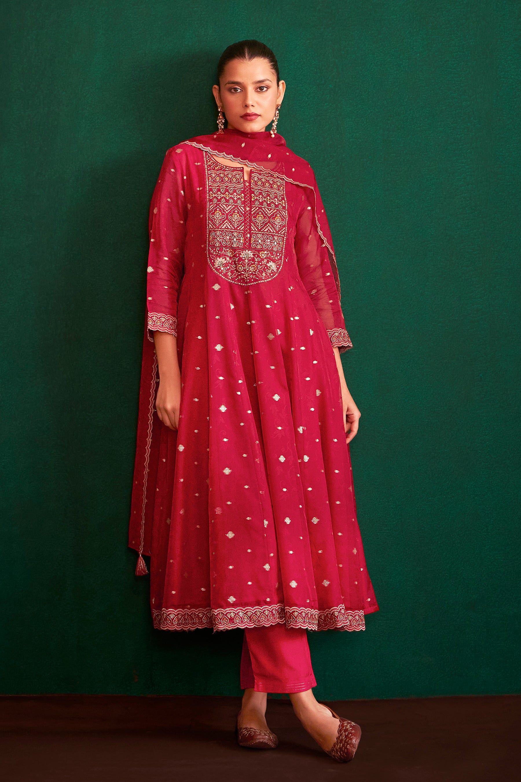 Rubra Red Jacquard Organza Kurta Set