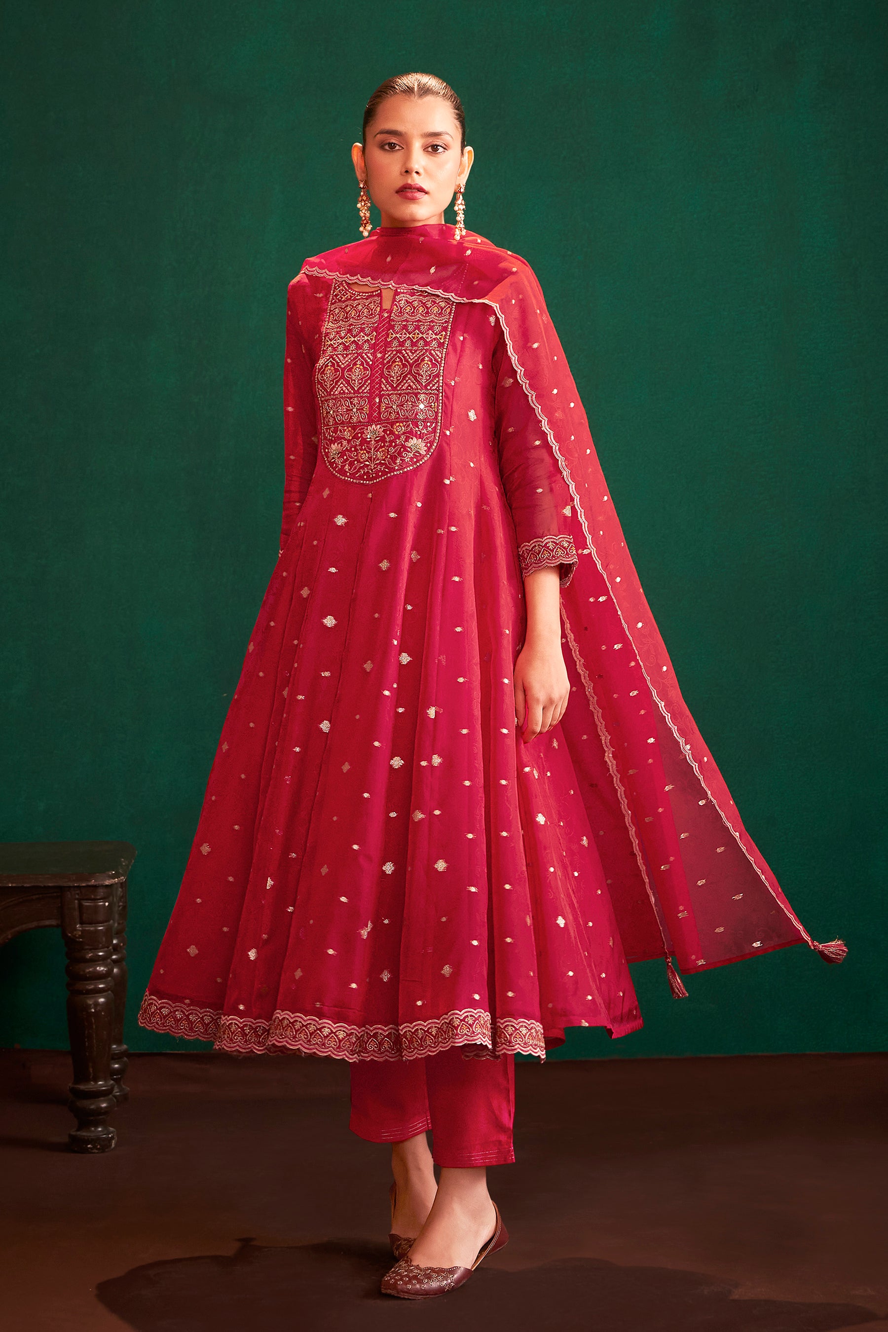 Rubra Red Jacquard Organza Kurta Set
