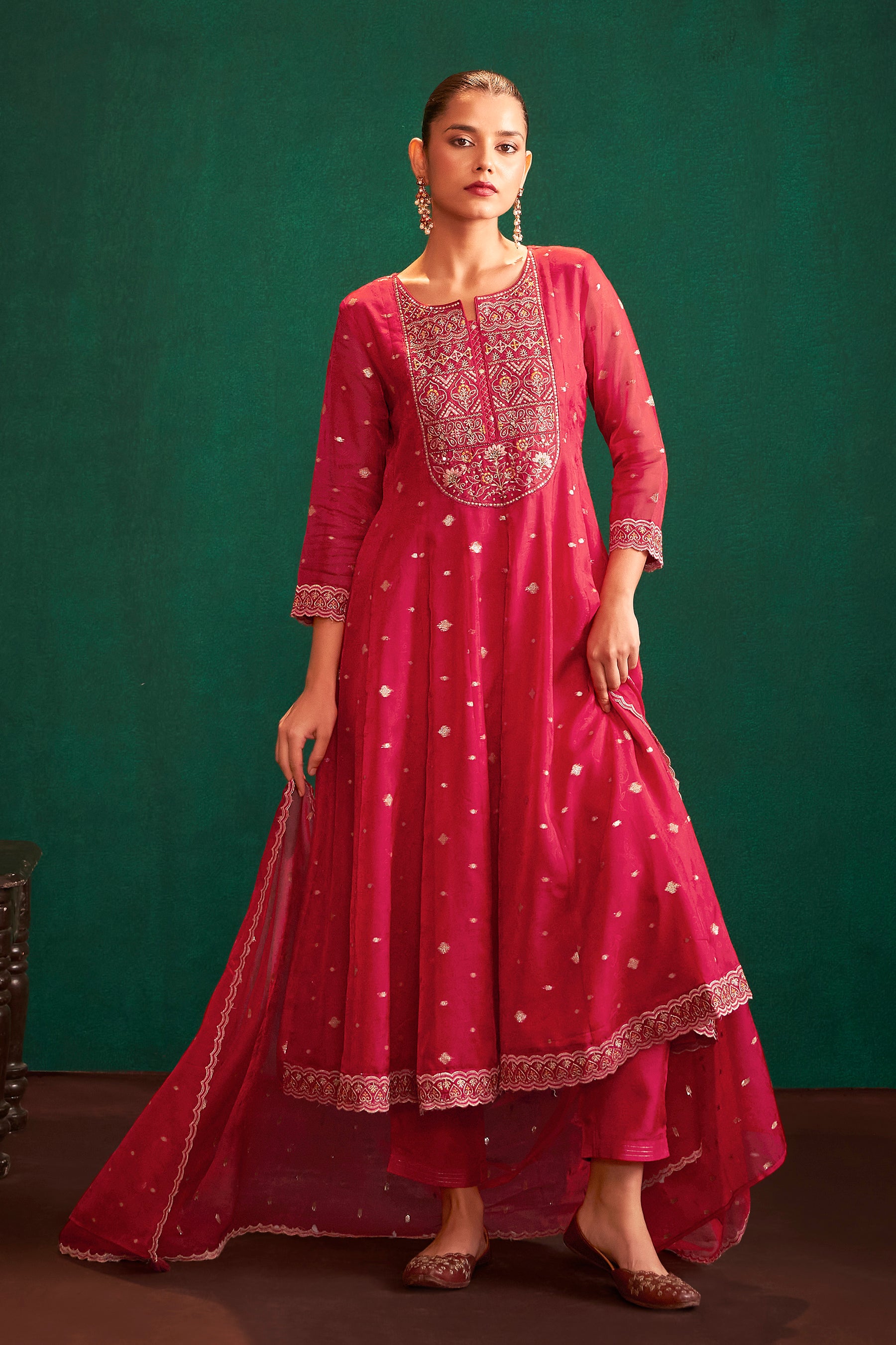 Rubra Red Jacquard Organza Kurta Set