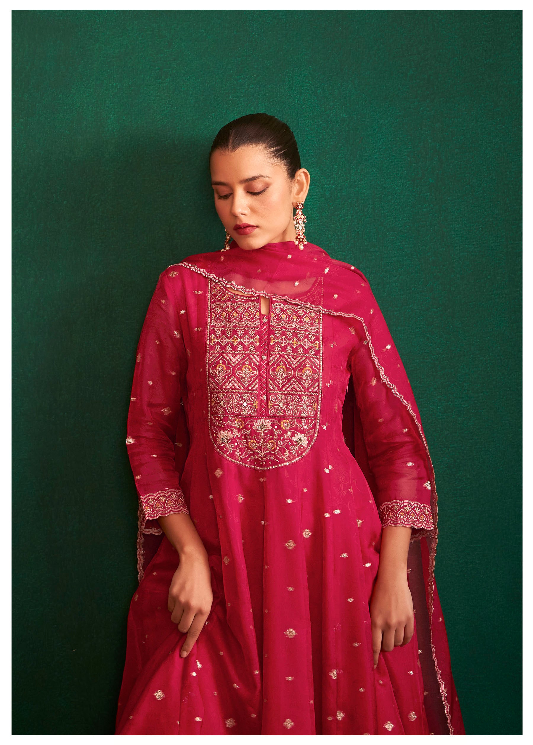 Rubra Red Jacquard Organza Kurta Set