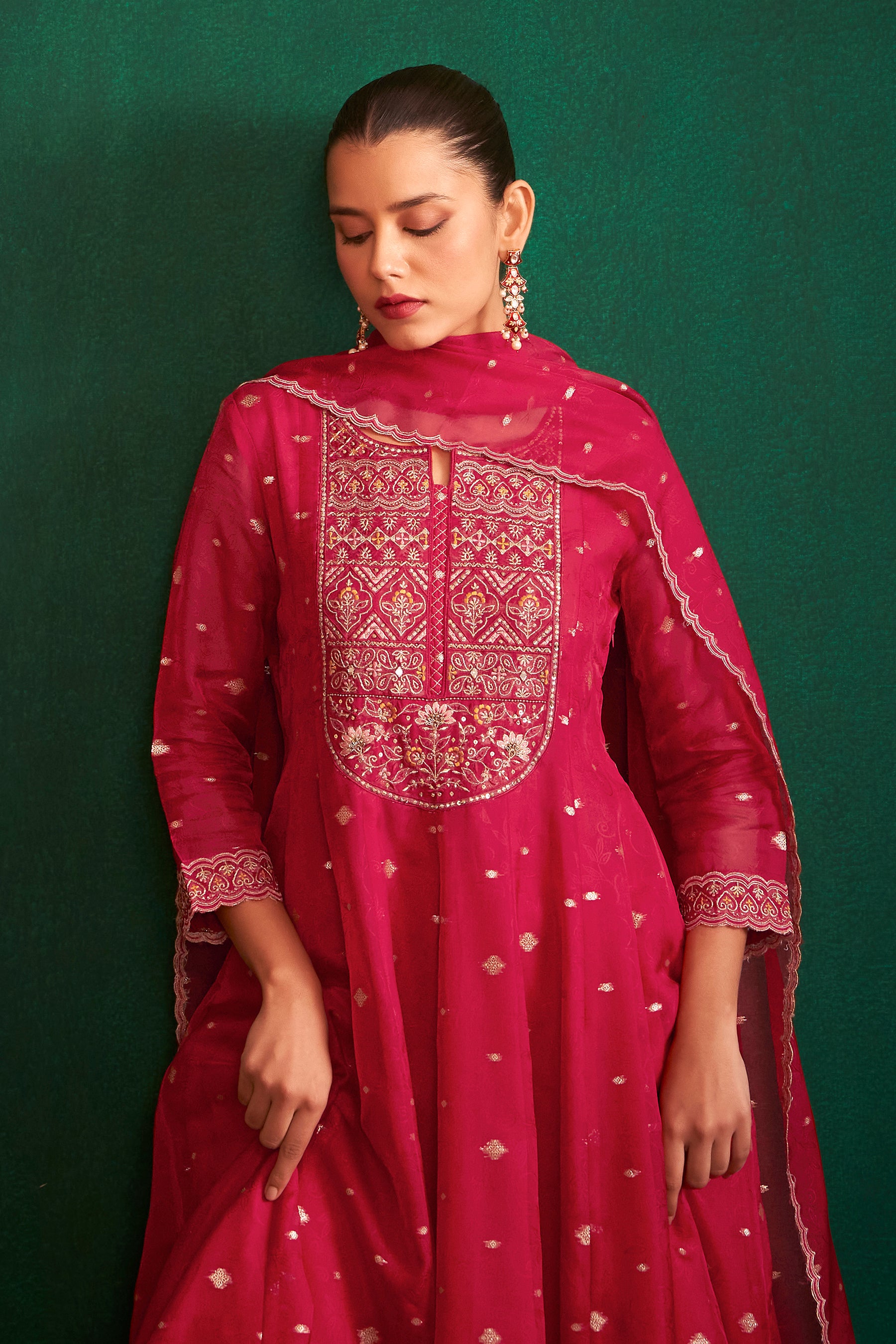 Rubra Red Jacquard Organza Kurta Set