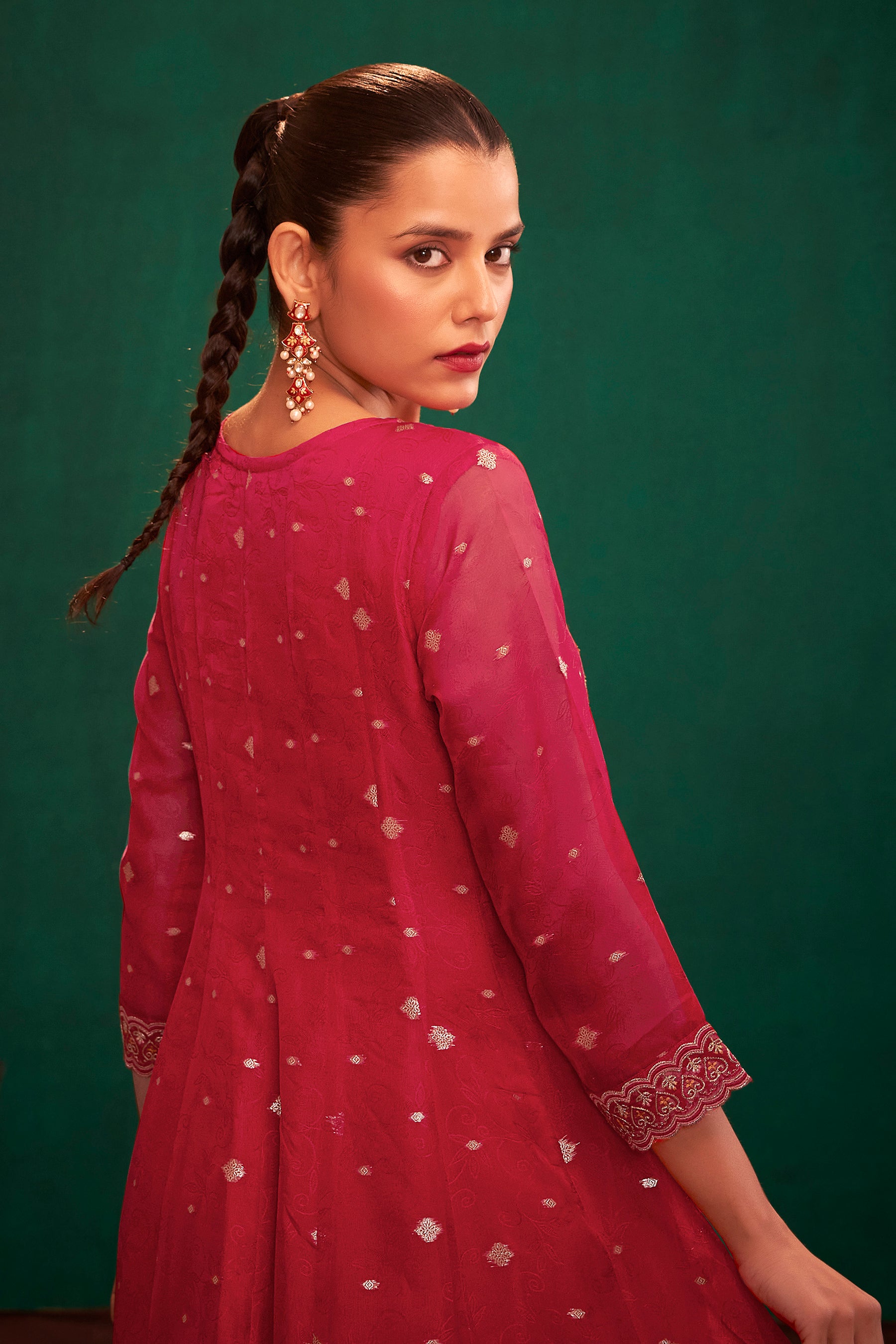 Rubra Red Jacquard Organza Kurta Set