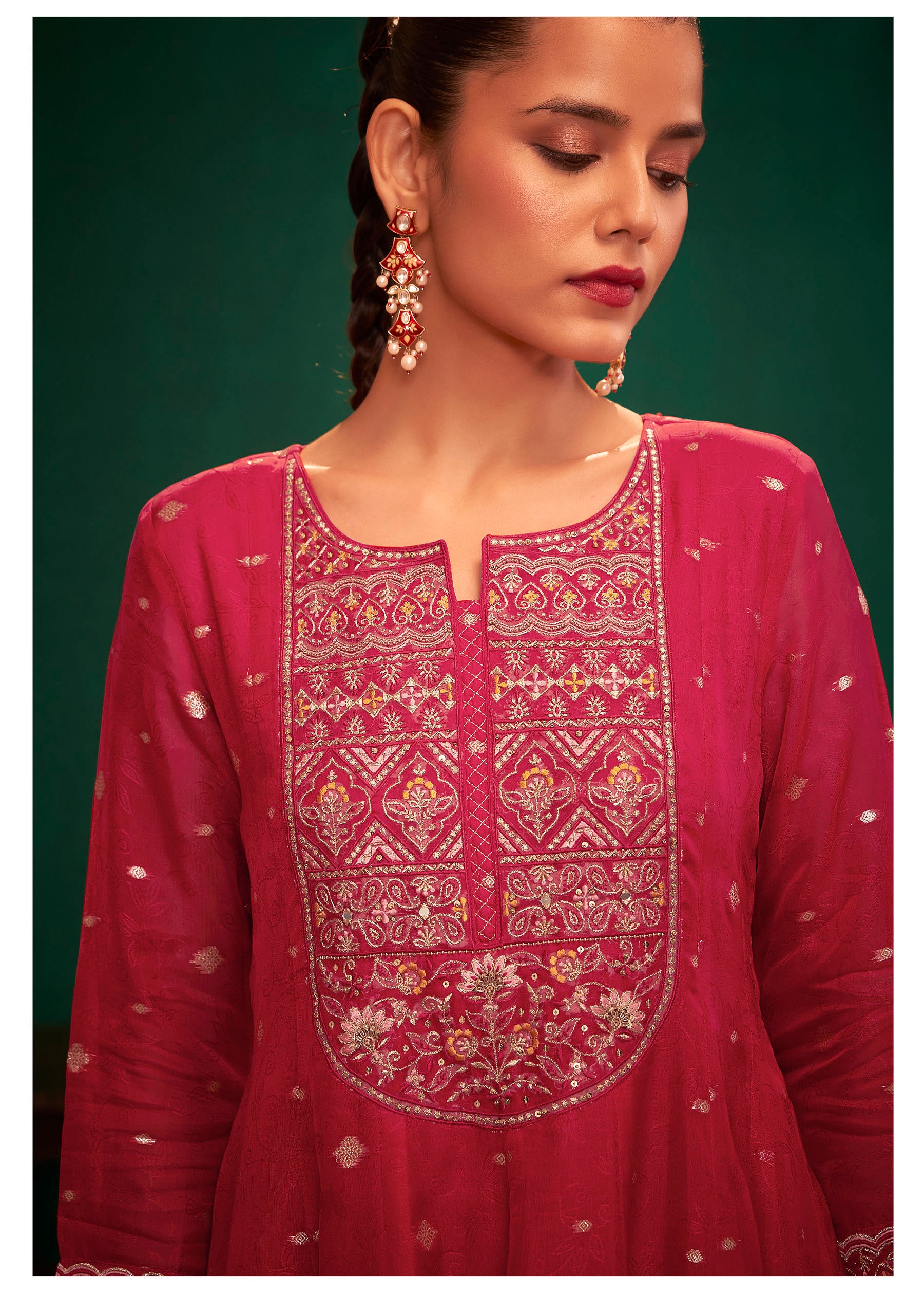 Rubra Red Jacquard Organza Kurta Set
