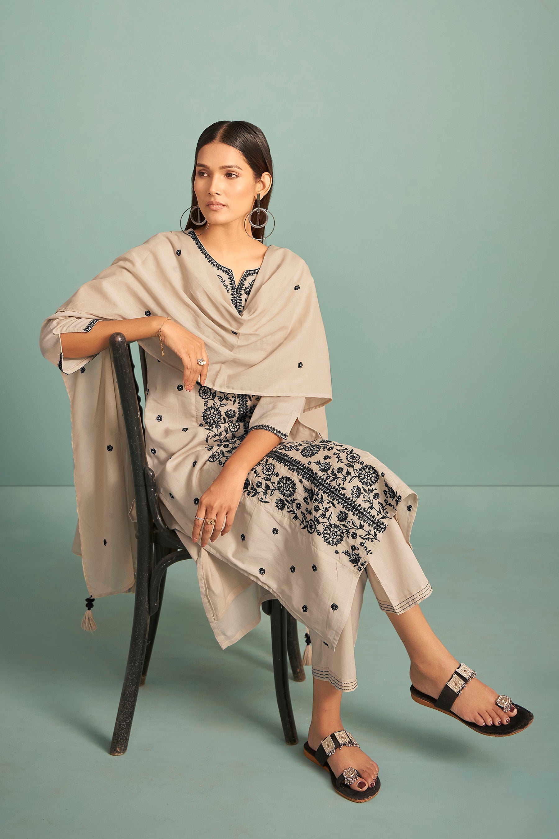 Lenora Cream Chikankari Embroidered Cotton Kurta Set