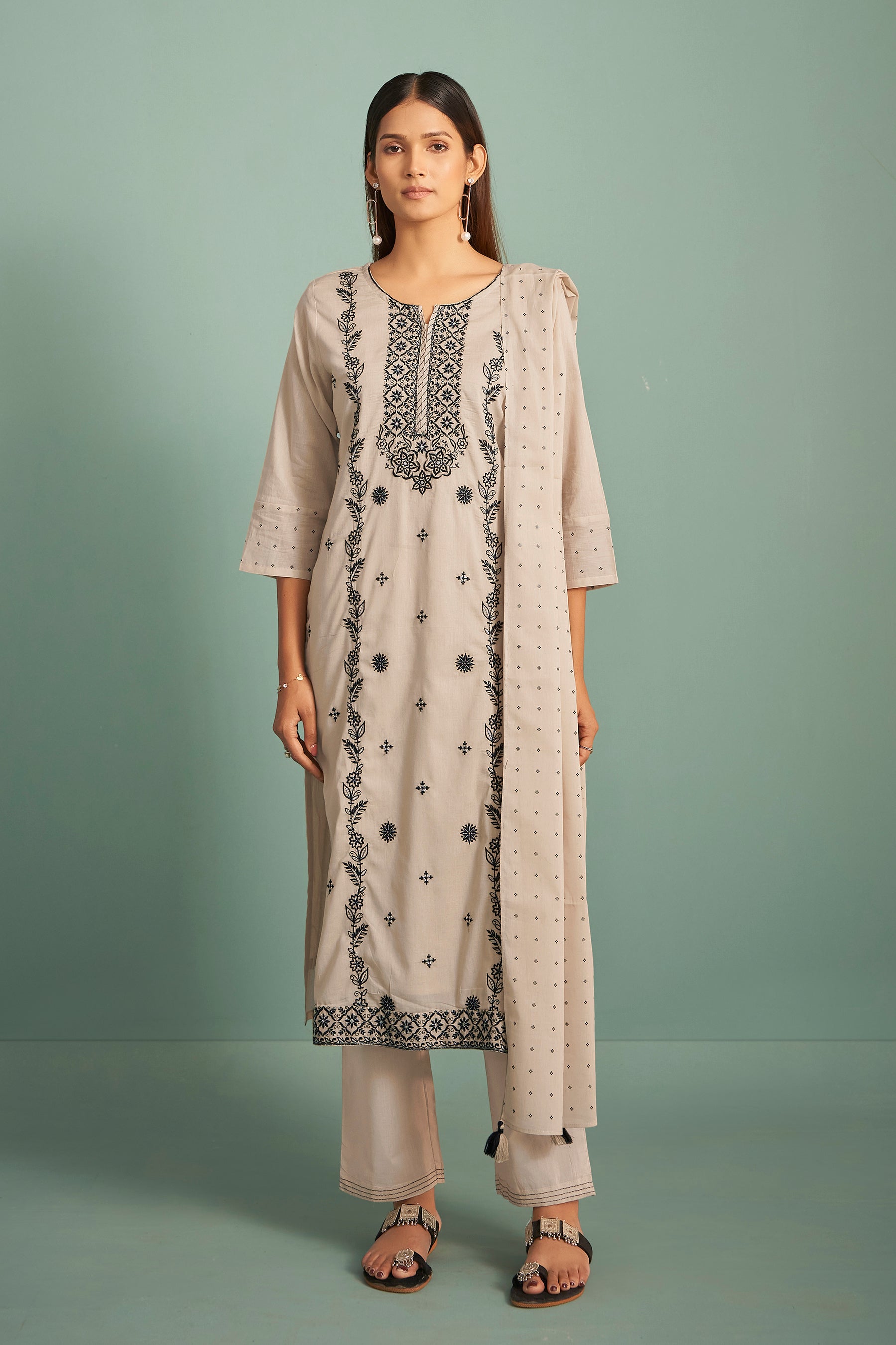 Kyrene Cream Chikankari Embroidered Cotton Kurta Set
