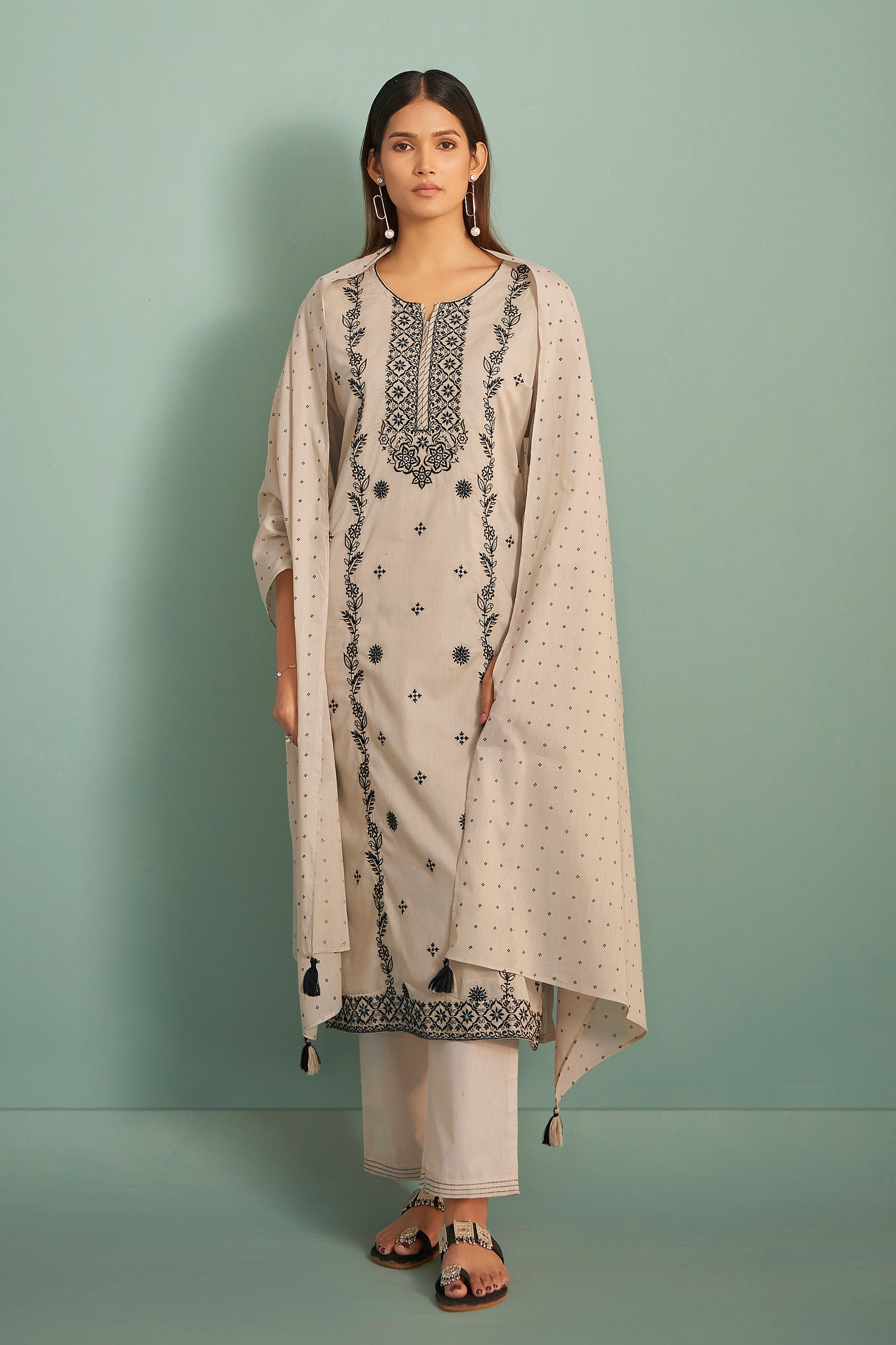 Kyrene Cream Chikankari Embroidered Cotton Kurta Set