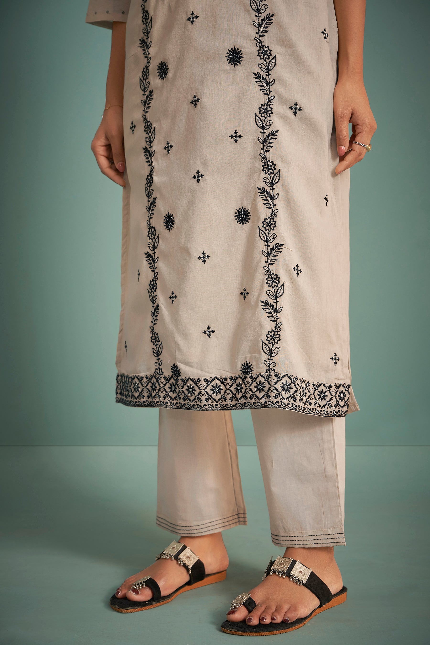 Kyrene Cream Chikankari Embroidered Cotton Kurta Set