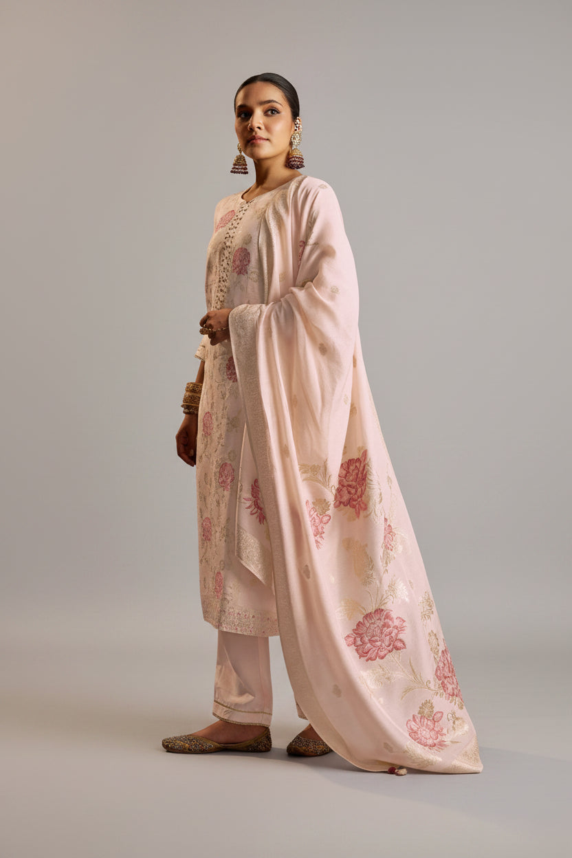 Zarelle Rosewood Pink Jacquard Embroidered Linen Kurta Set
