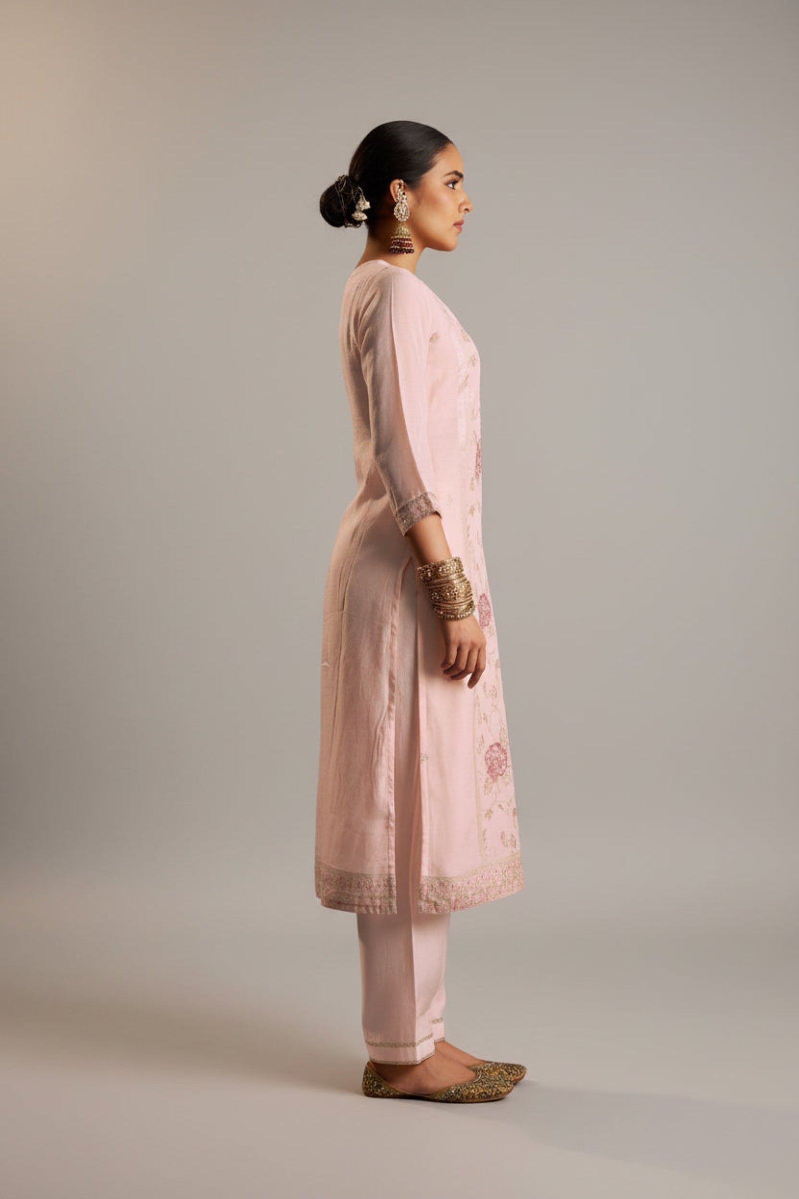 Zarelle Rosewood Pink Jacquard Embroidered Linen Kurta Set