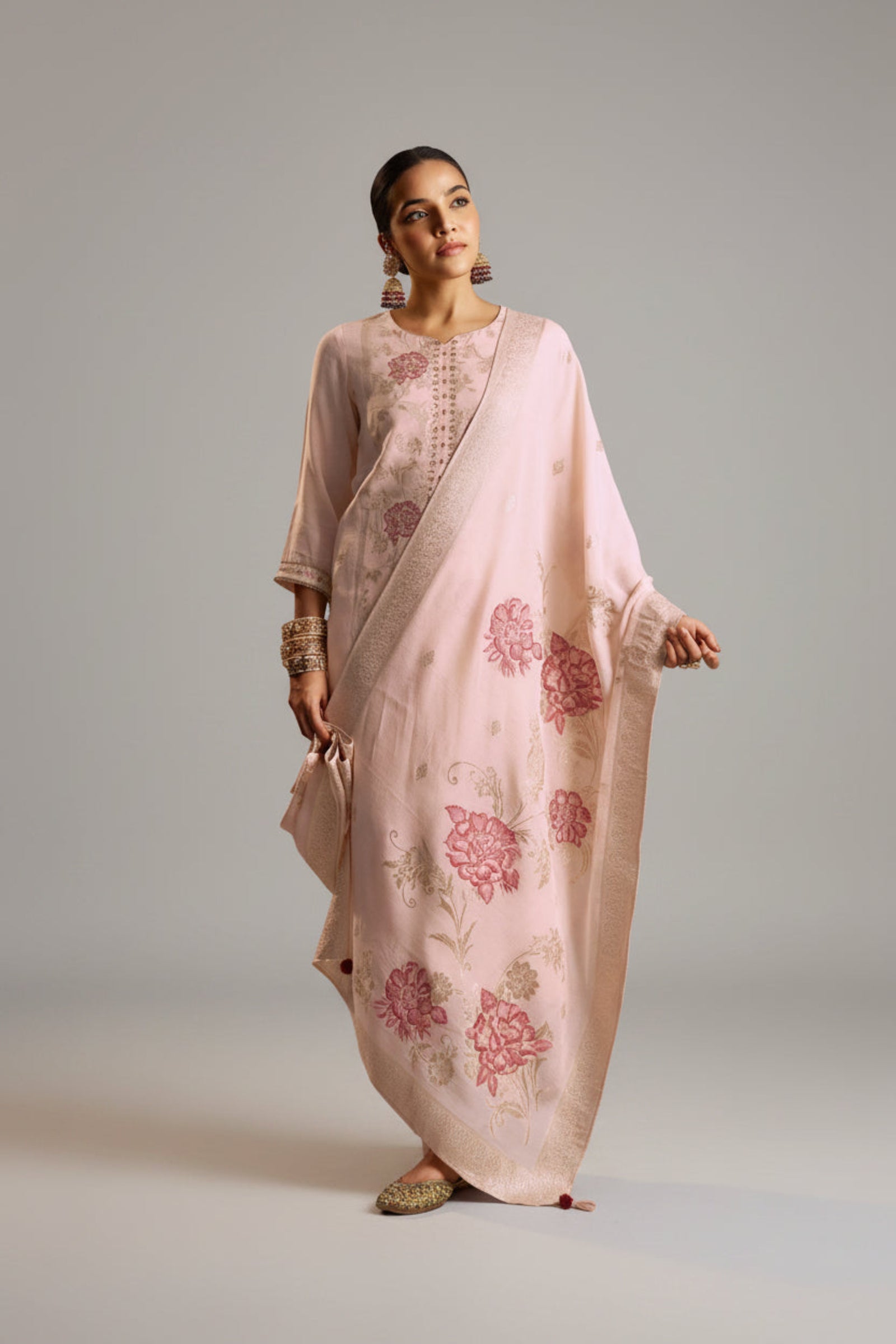 Zarelle Rosewood Pink Jacquard Embroidered Linen Kurta Set