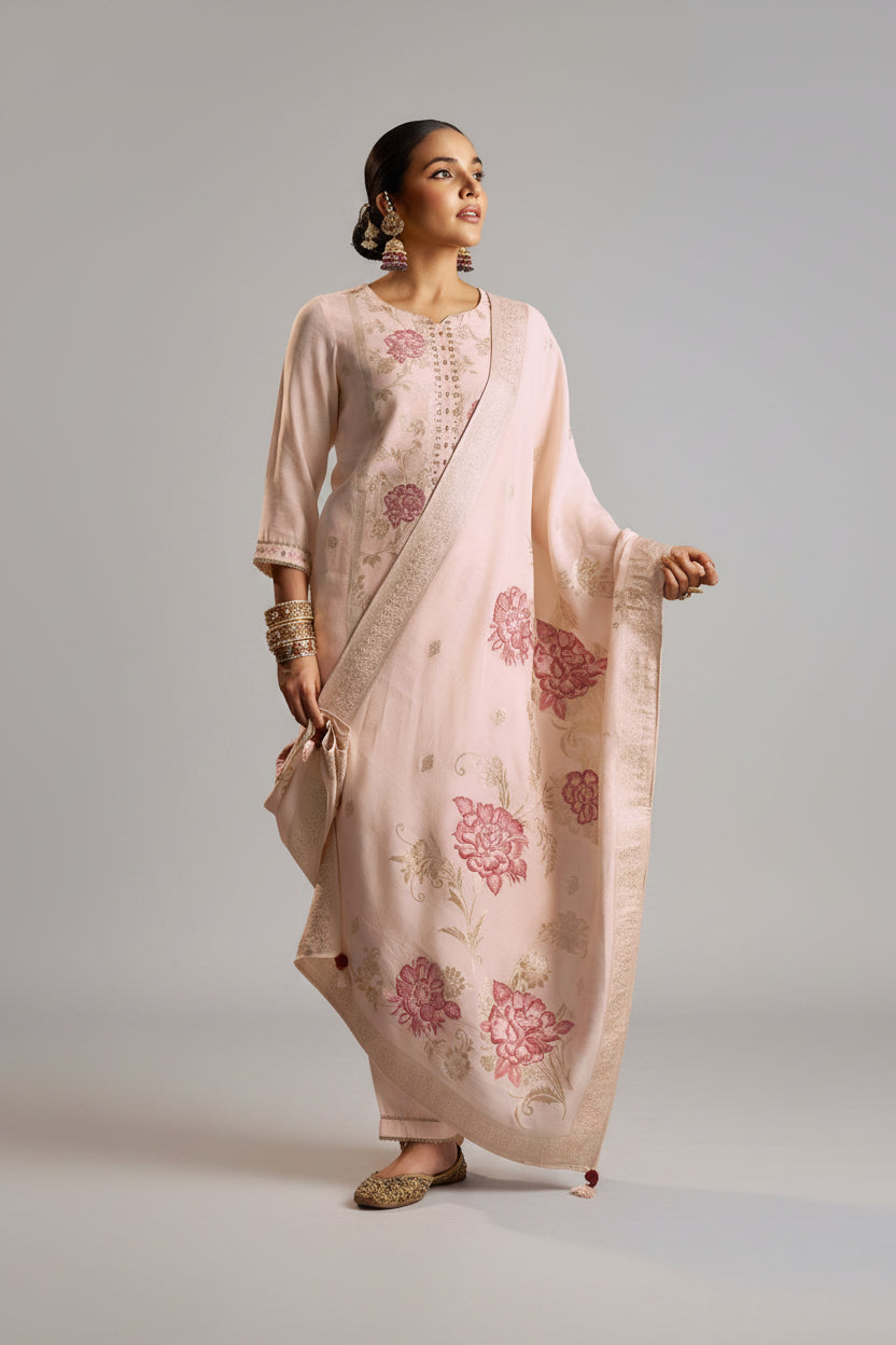 Zarelle Rosewood Pink Jacquard Embroidered Linen Kurta Set