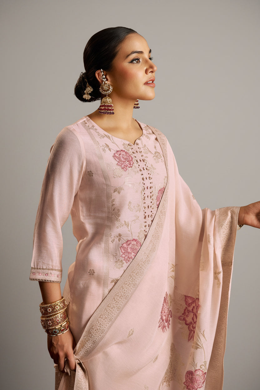 Zarelle Rosewood Pink Jacquard Embroidered Linen Kurta Set