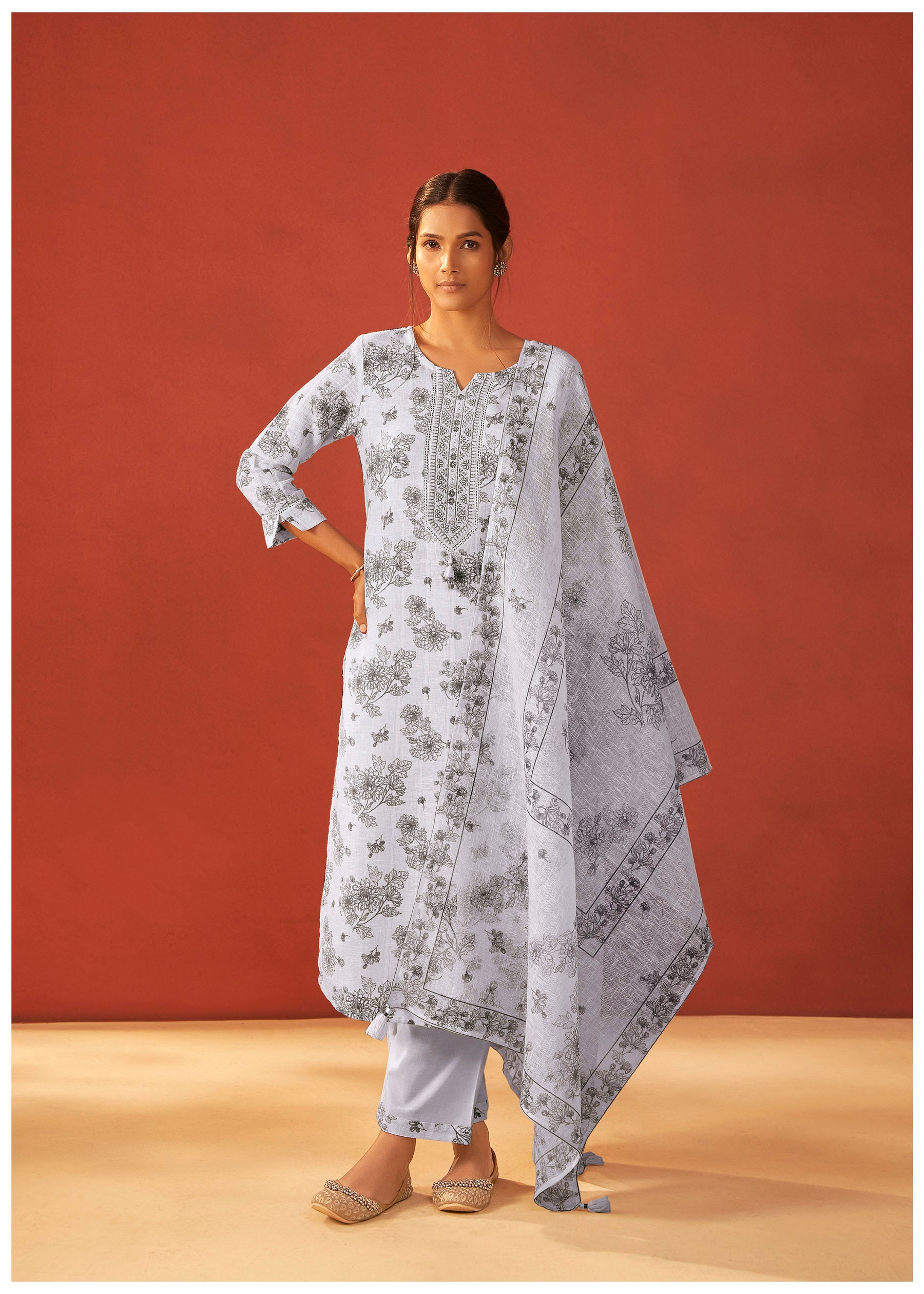 Aurelia Digital Print Embroidered Linen Kurta Set