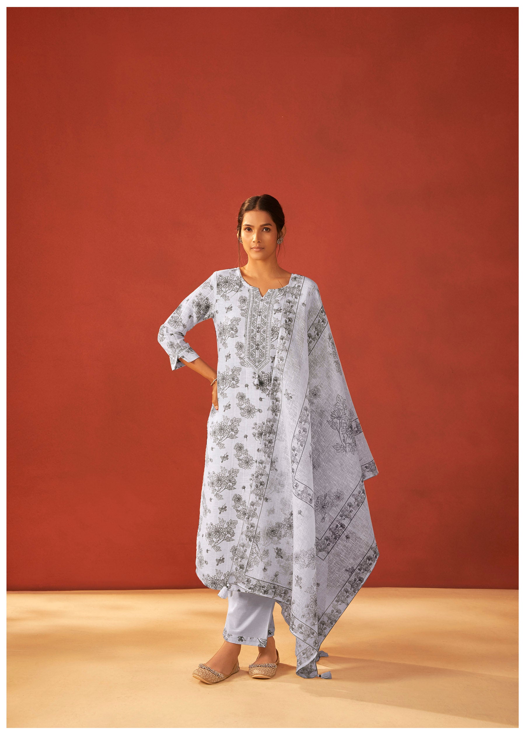 Aurelia Digital Print Embroidered Linen Kurta Set