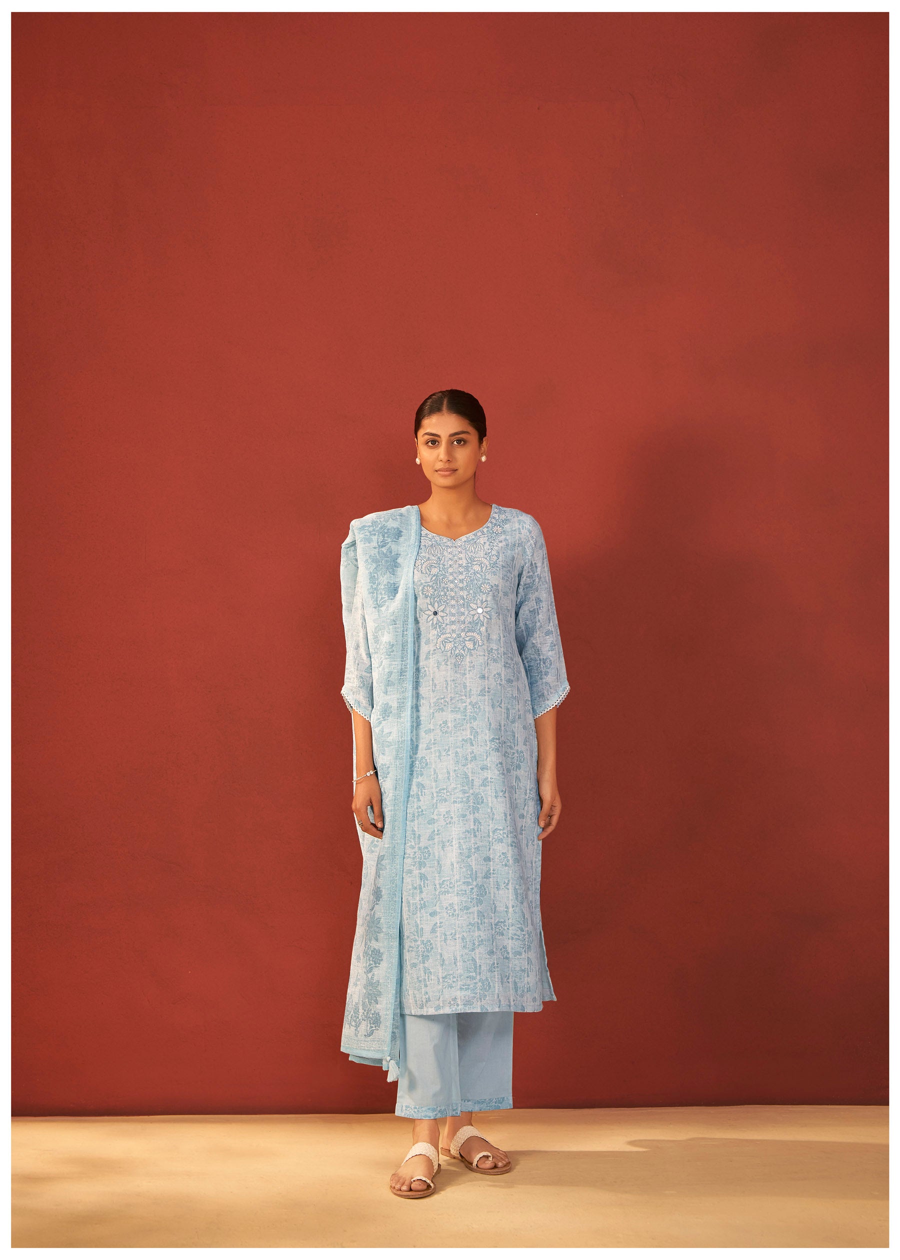 Zorya Digital Print Embroidered Linen Kurta Set