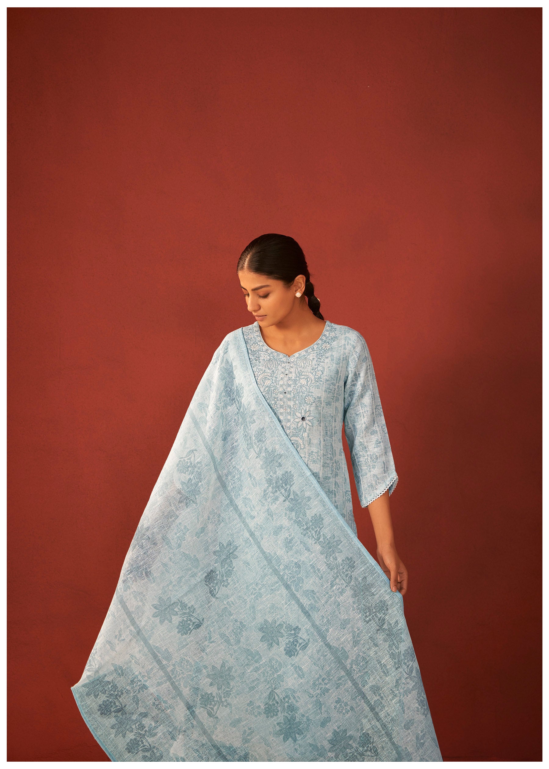 Zorya Digital Print Embroidered Linen Kurta Set