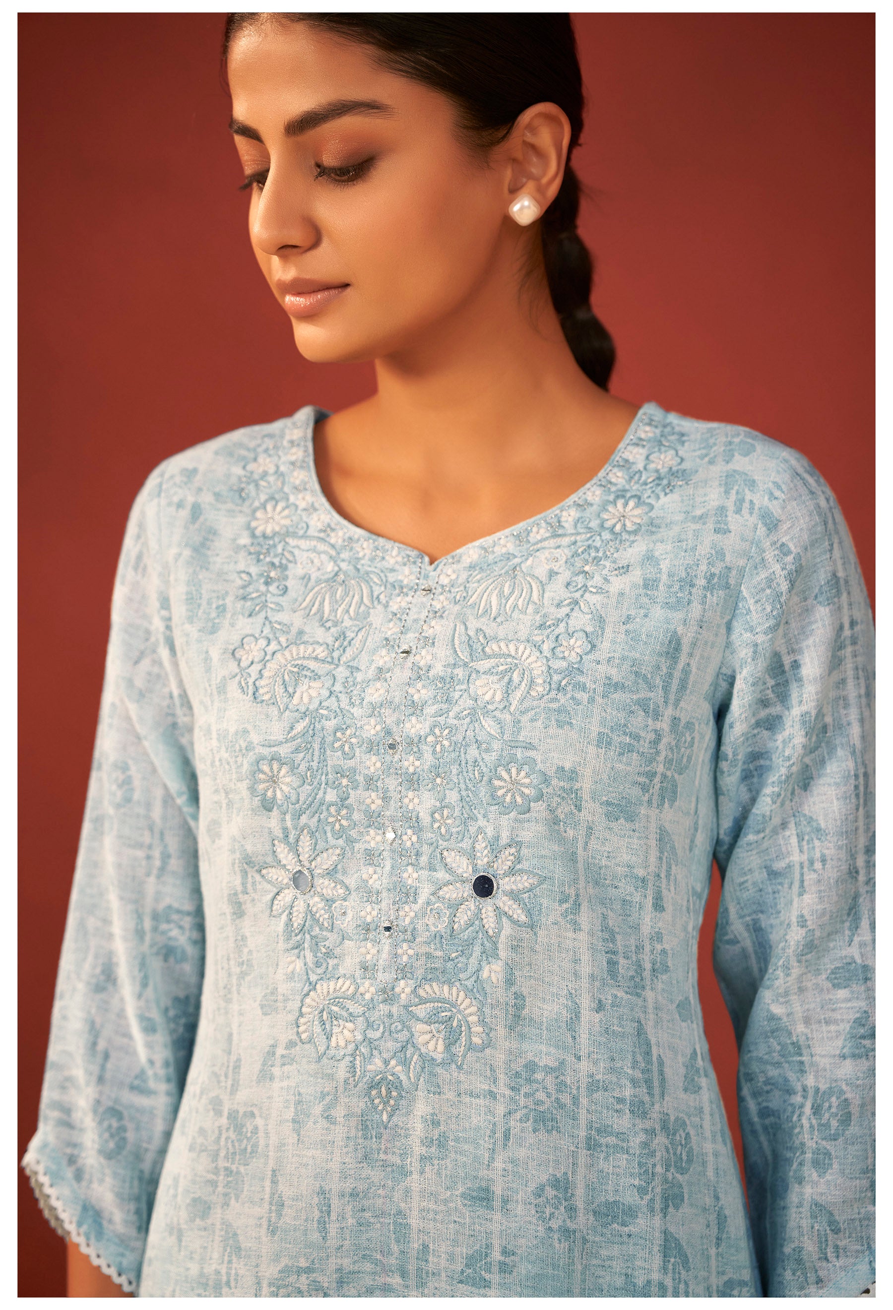 Zorya Digital Print Embroidered Linen Kurta Set