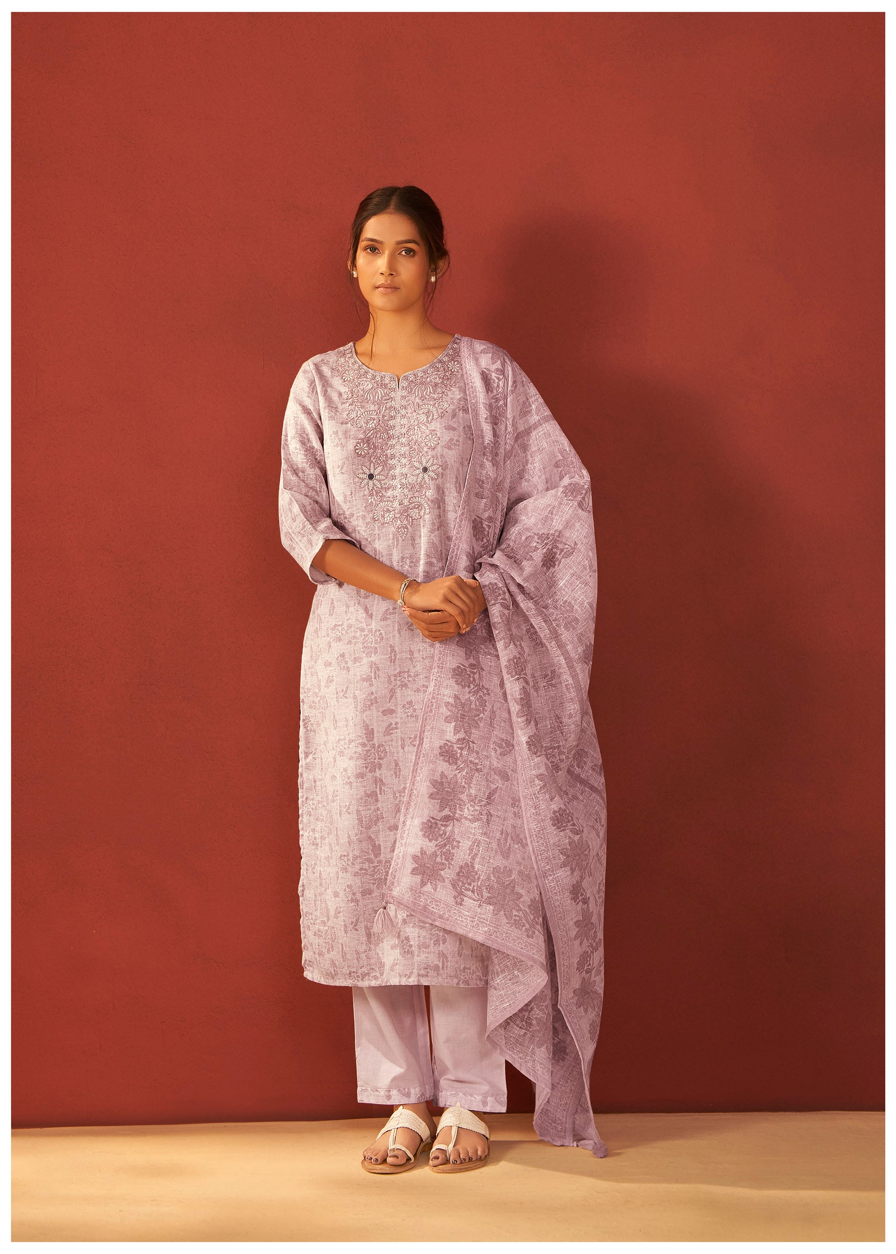 Callista Digital Print Embroidered Linen Kurta Set