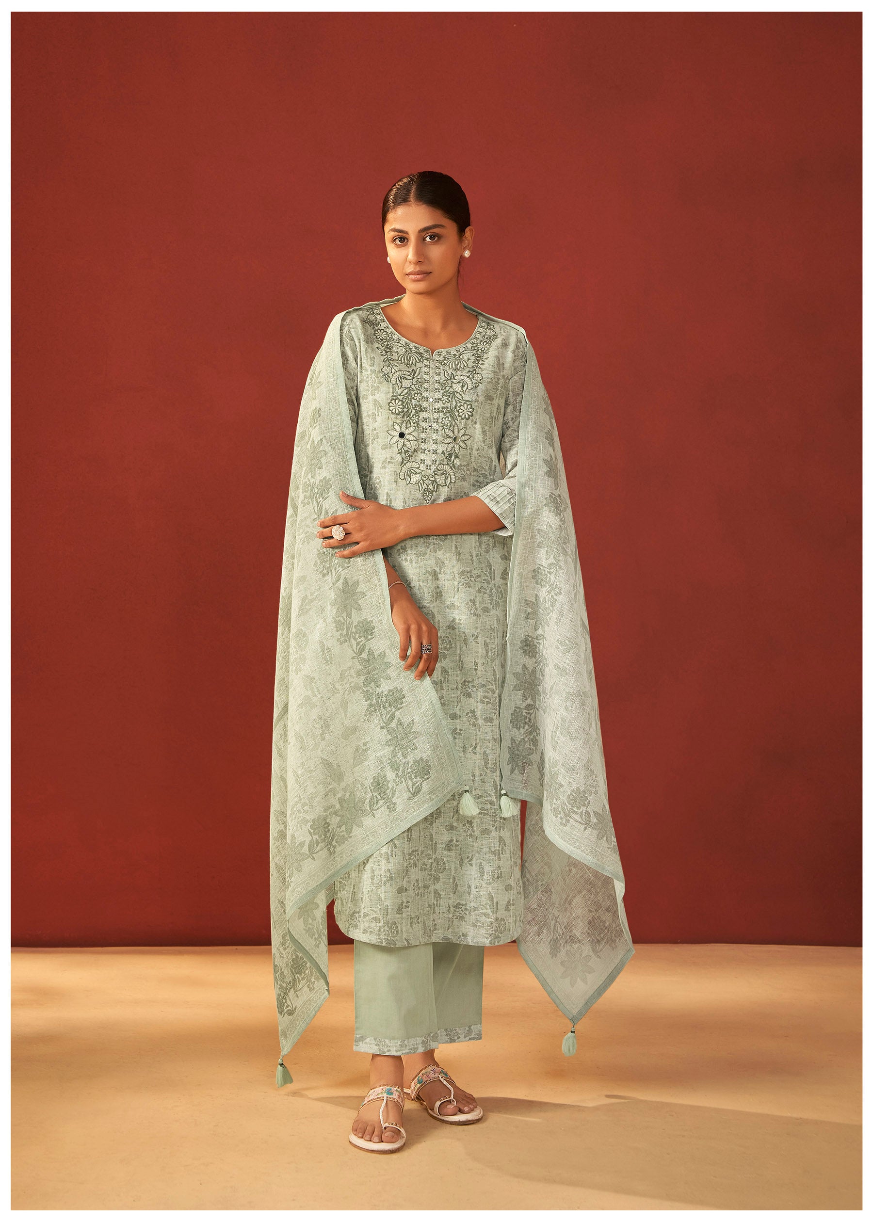 Elara Digital Print Embroidered Linen Kurta Set