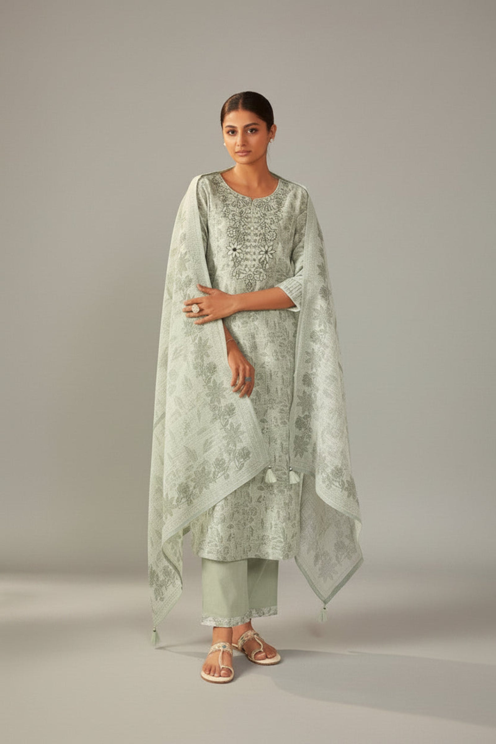 Elara Digital Print Embroidered Linen Kurta Set