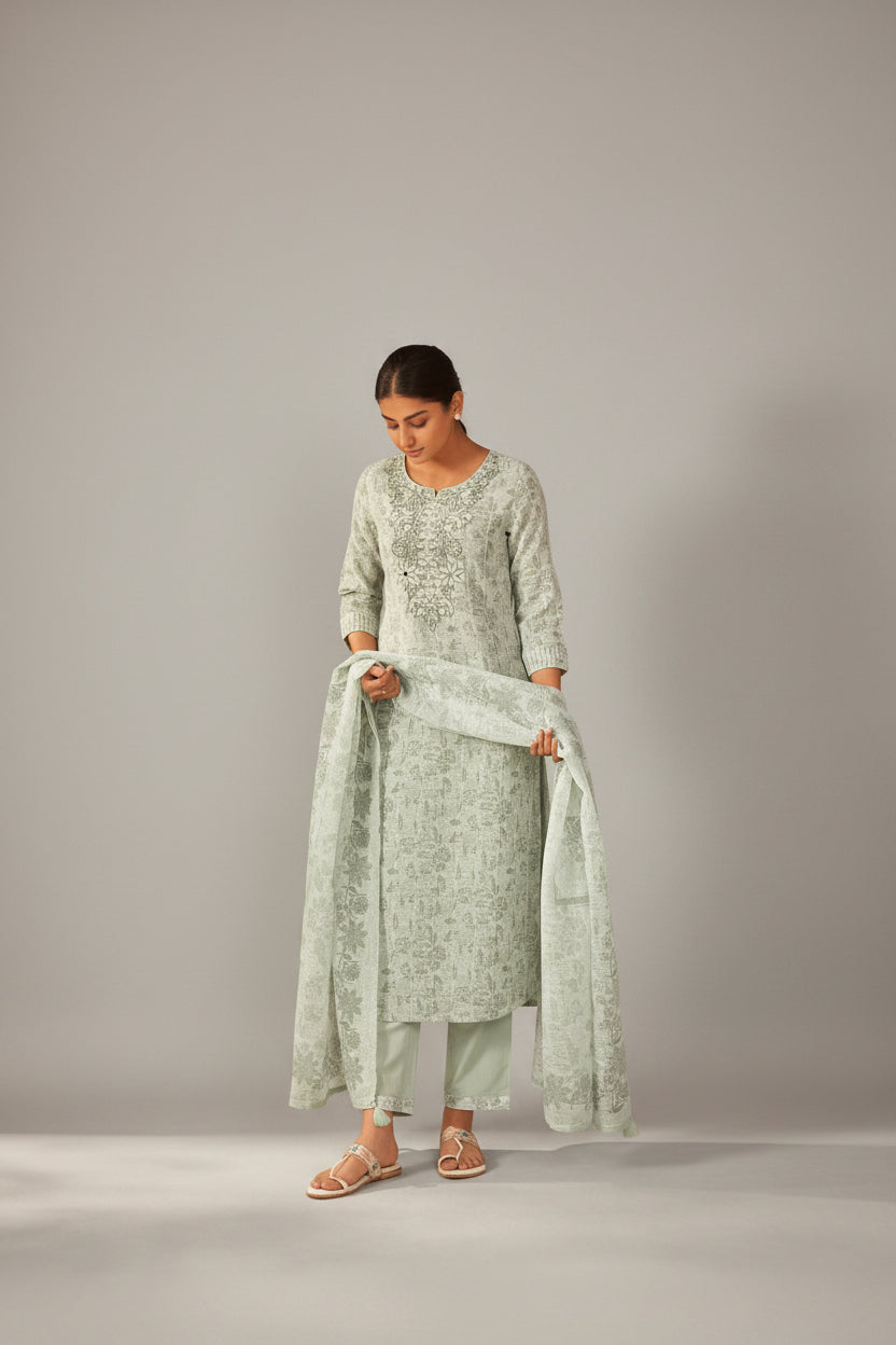 Elara Digital Print Embroidered Linen Kurta Set