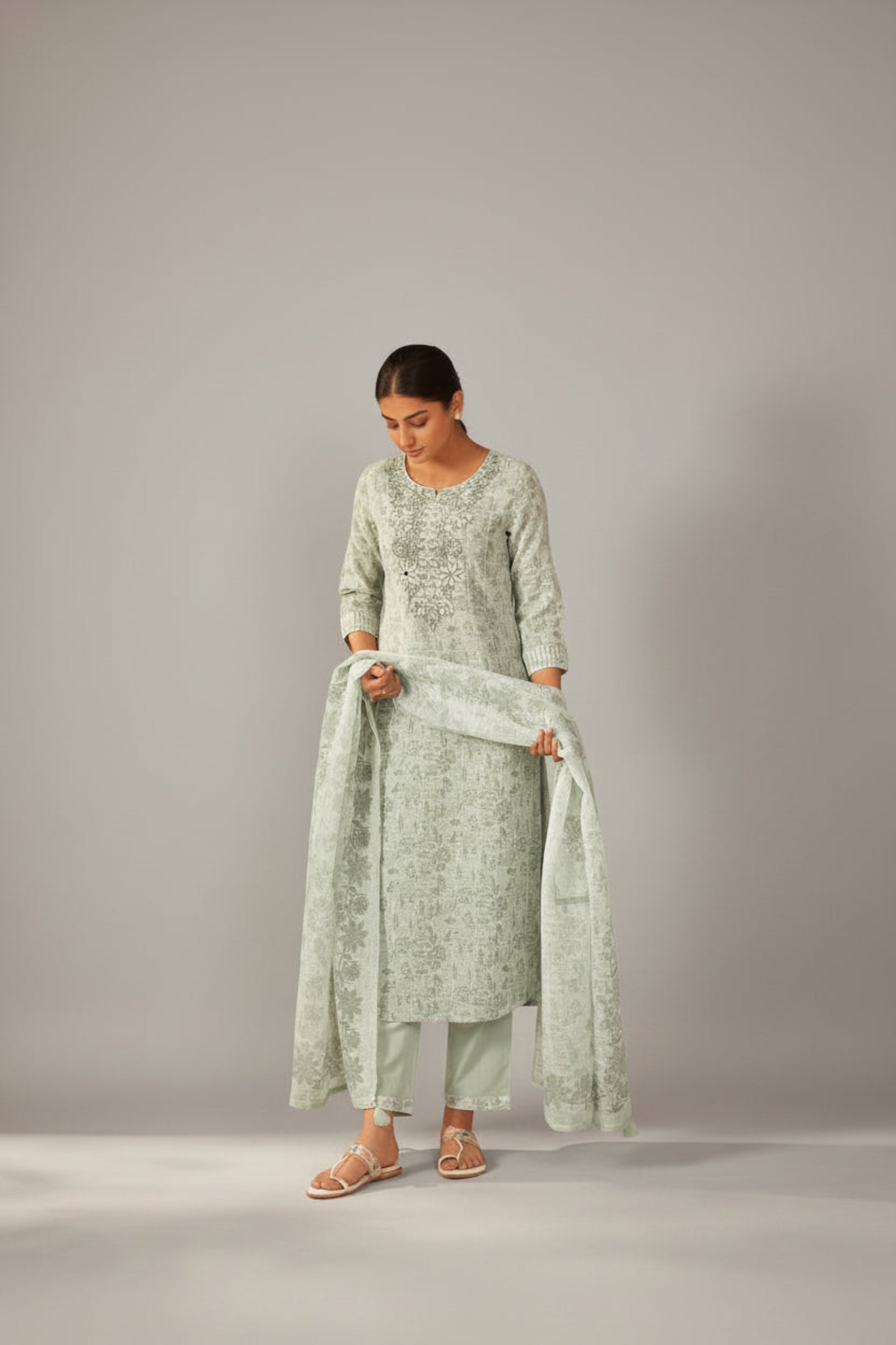 Elara Digital Print Embroidered Linen Kurta Set
