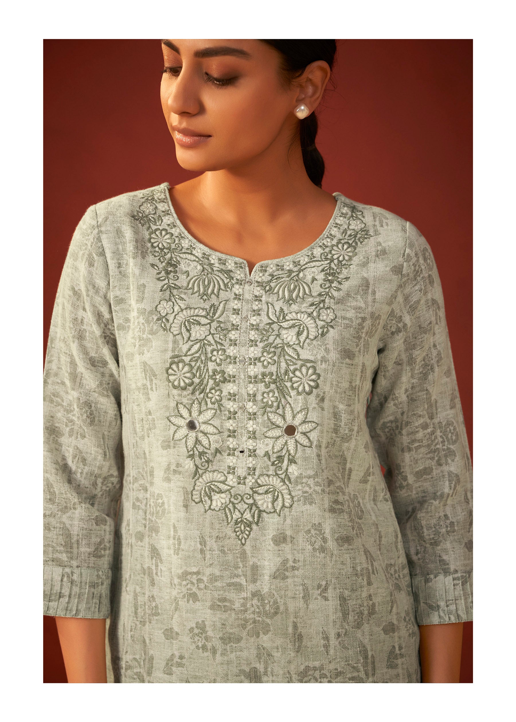 Elara Digital Print Embroidered Linen Kurta Set