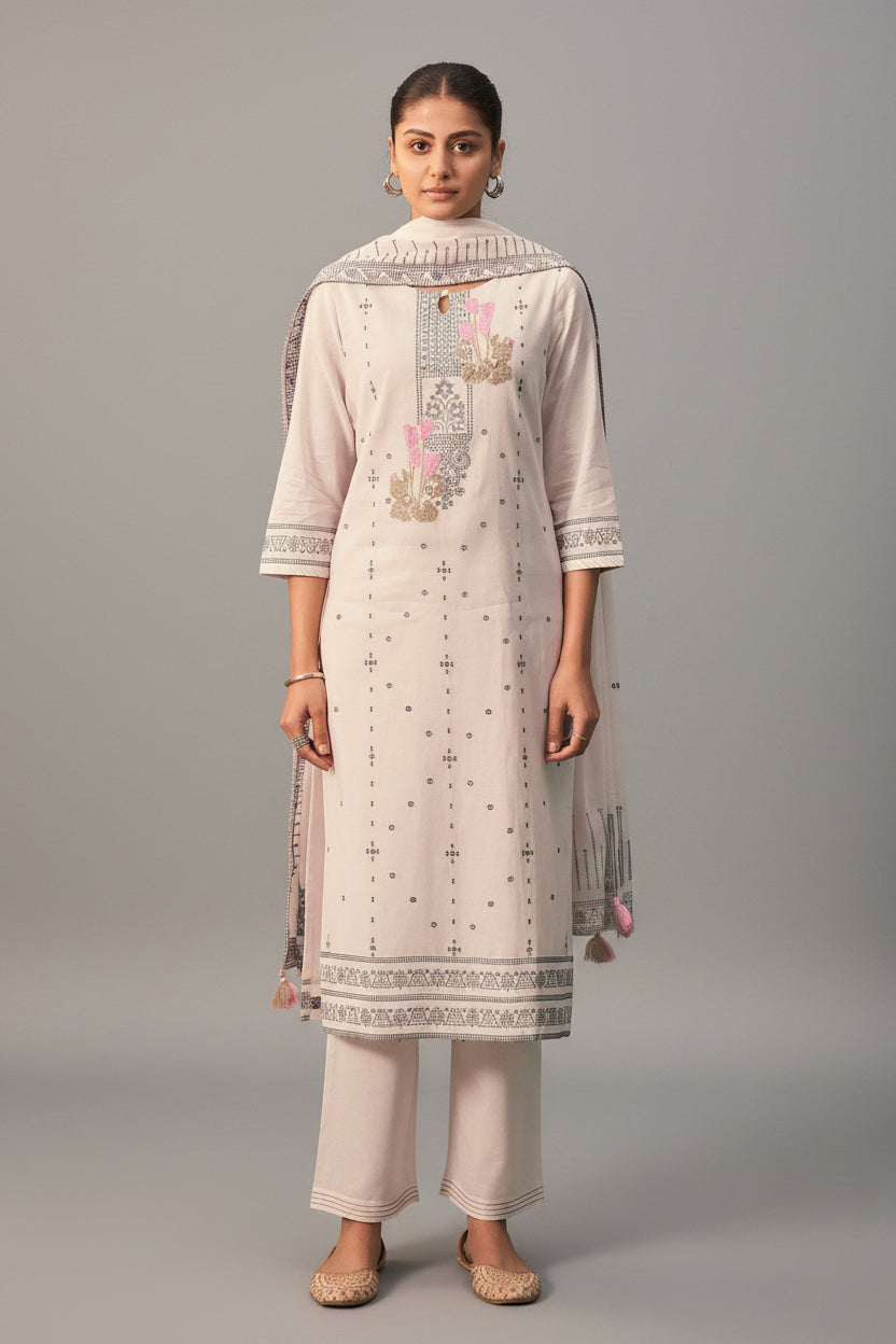 Emberlyn Cream Jacquard Cotton Kurta Set