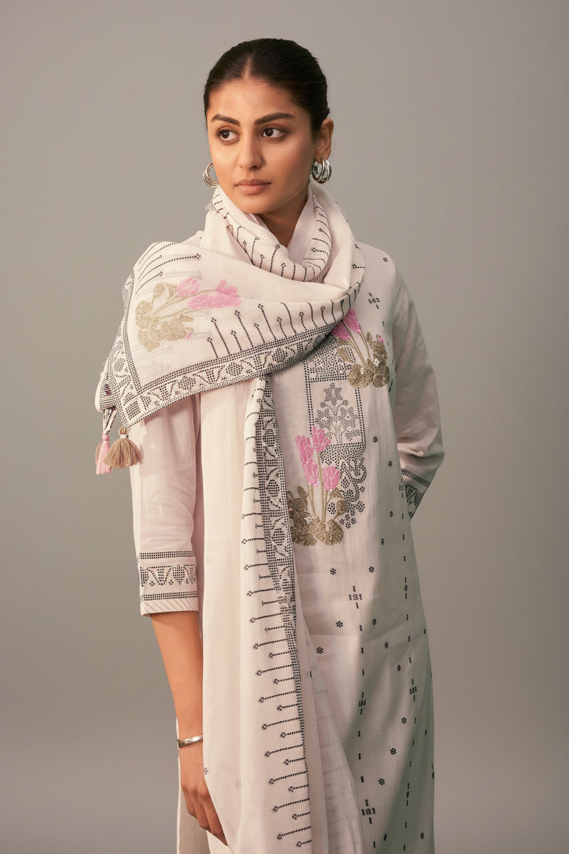 Emberlyn Cream Jacquard Cotton Kurta Set