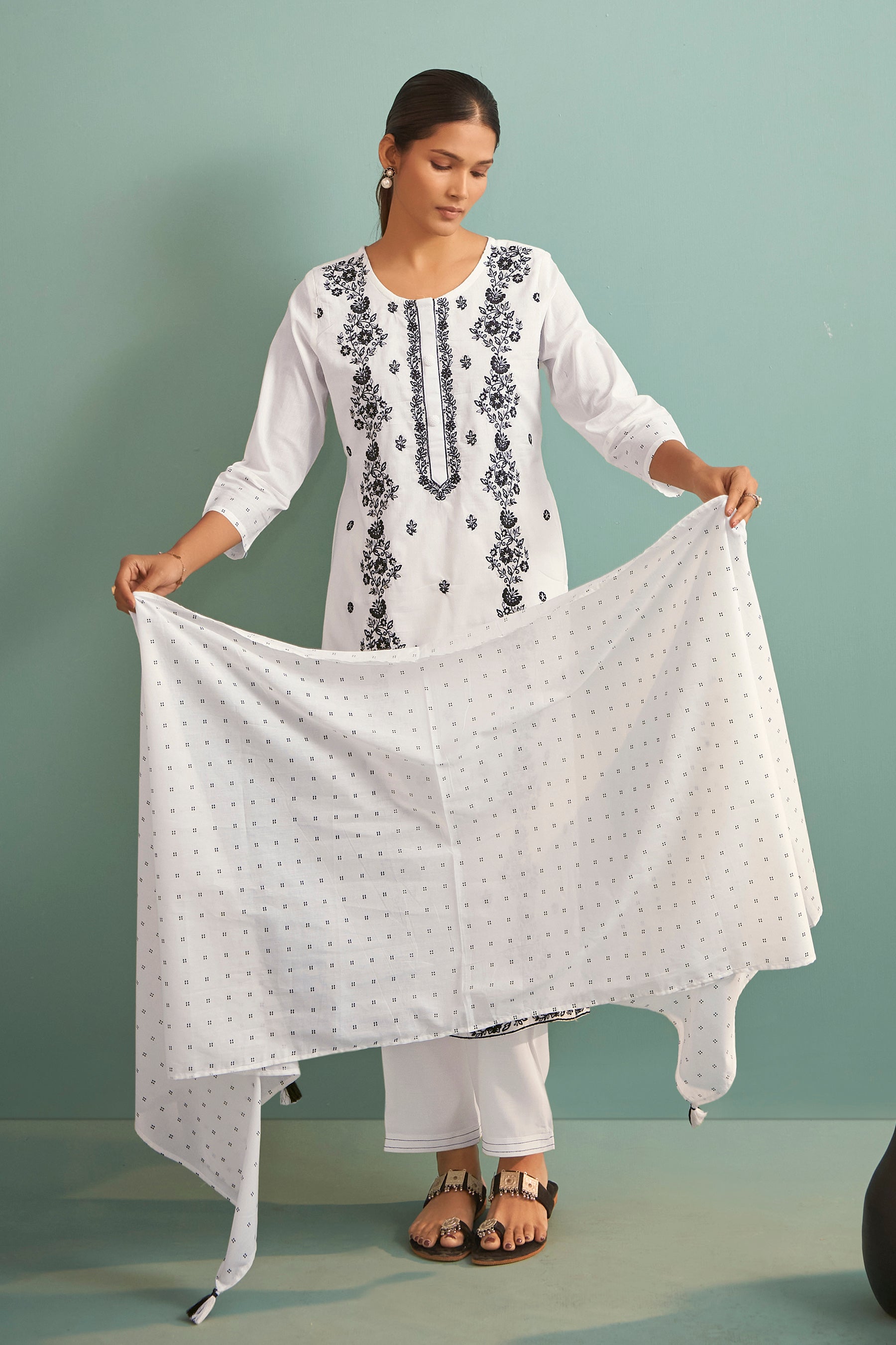 Delvina Cream Chikankari Embroidered Cotton Kurta Set