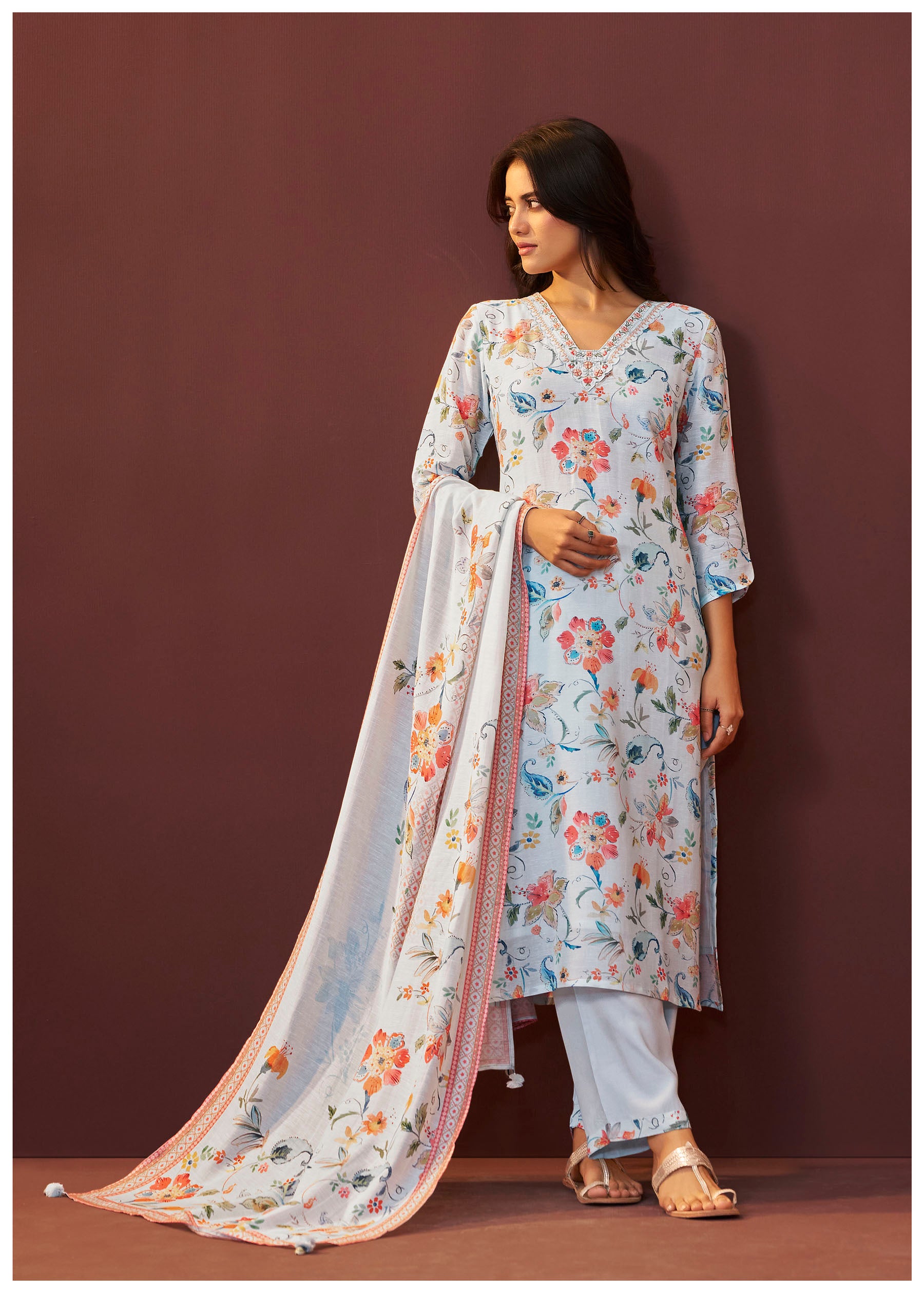 Bluish Embroidered Linen Kurta Set