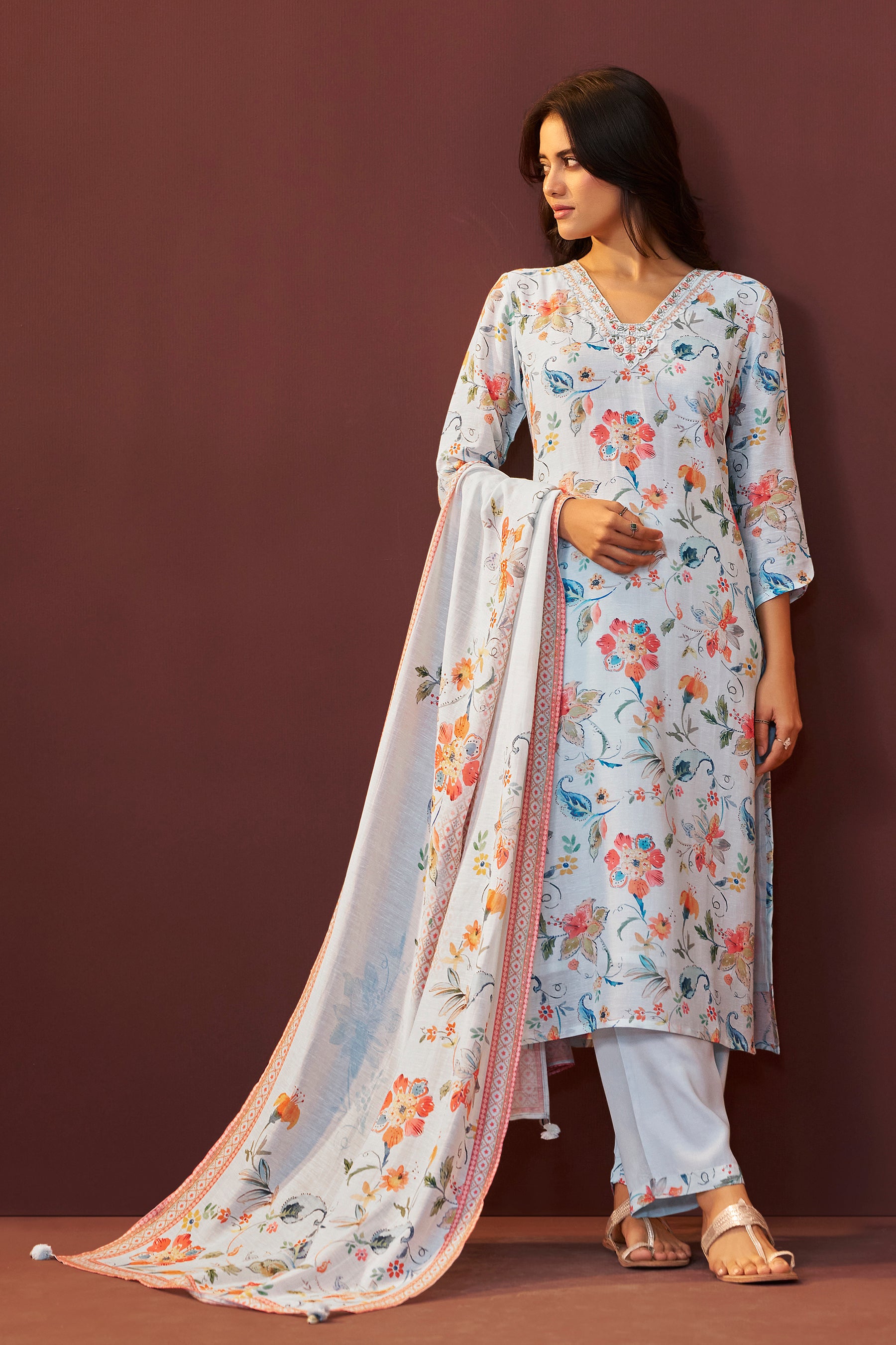 Bluish Embroidered Linen Kurta Set