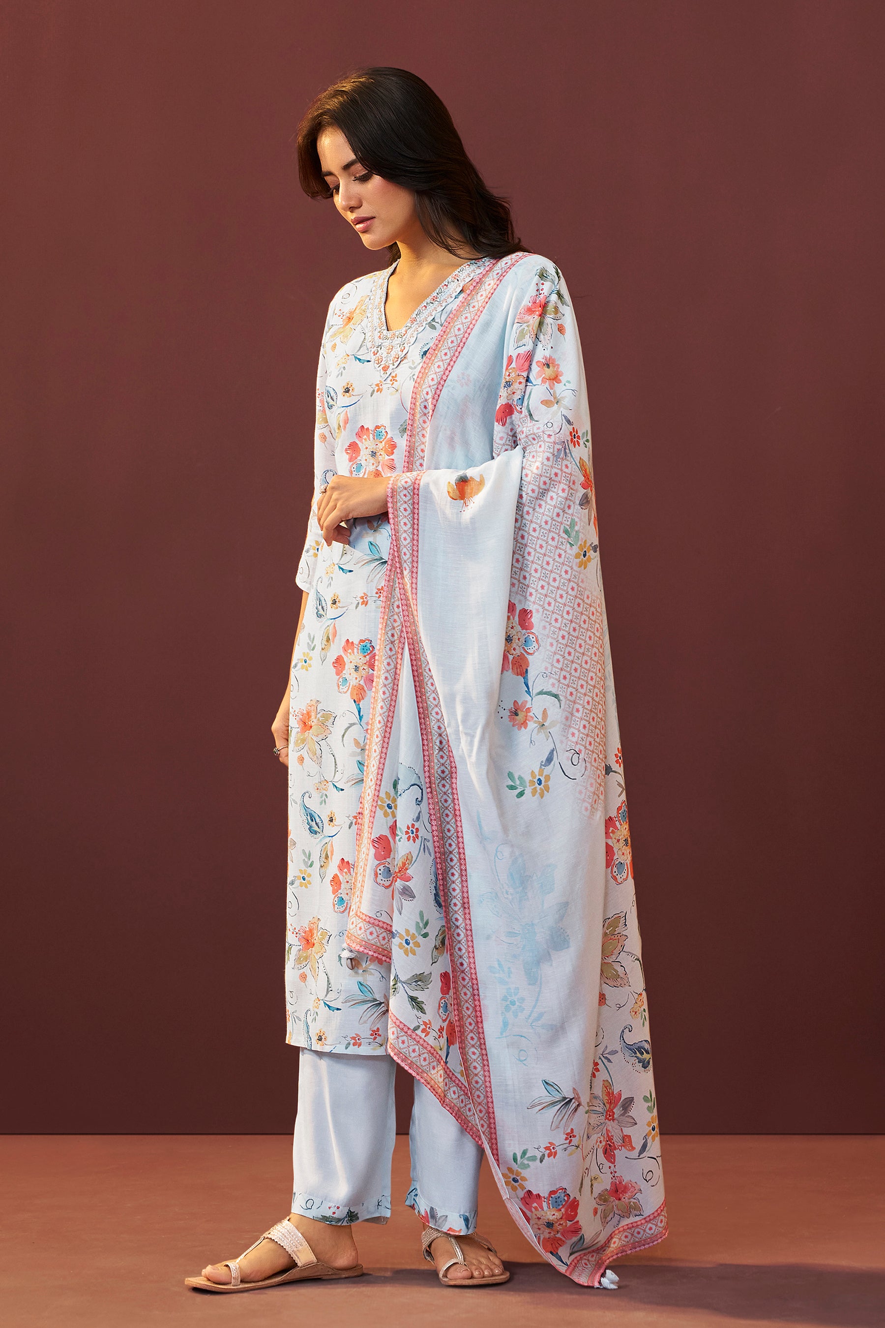 Bluish Embroidered Linen Kurta Set