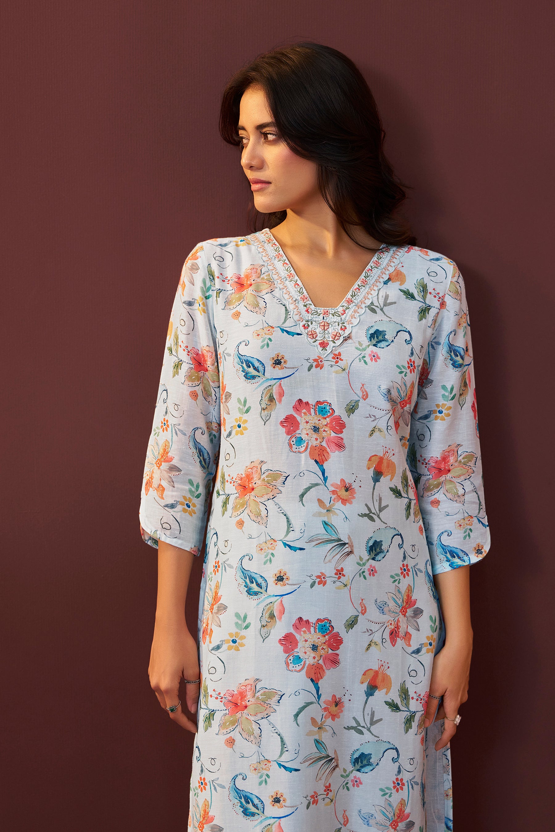 Bluish Embroidered Linen Kurta Set