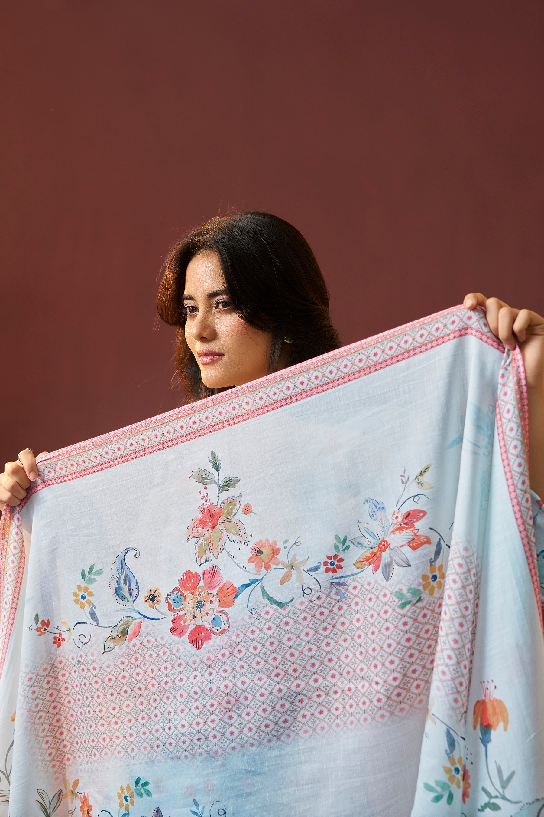 Bluish Embroidered Linen Kurta Set