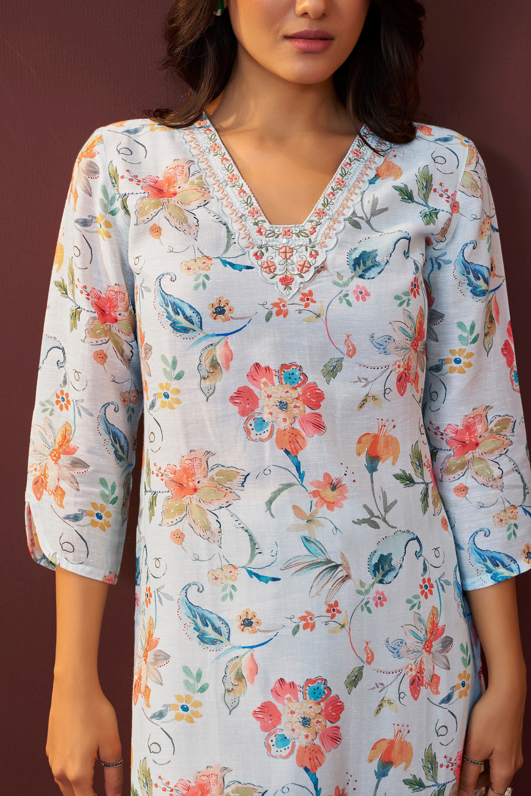 Bluish Embroidered Linen Kurta Set