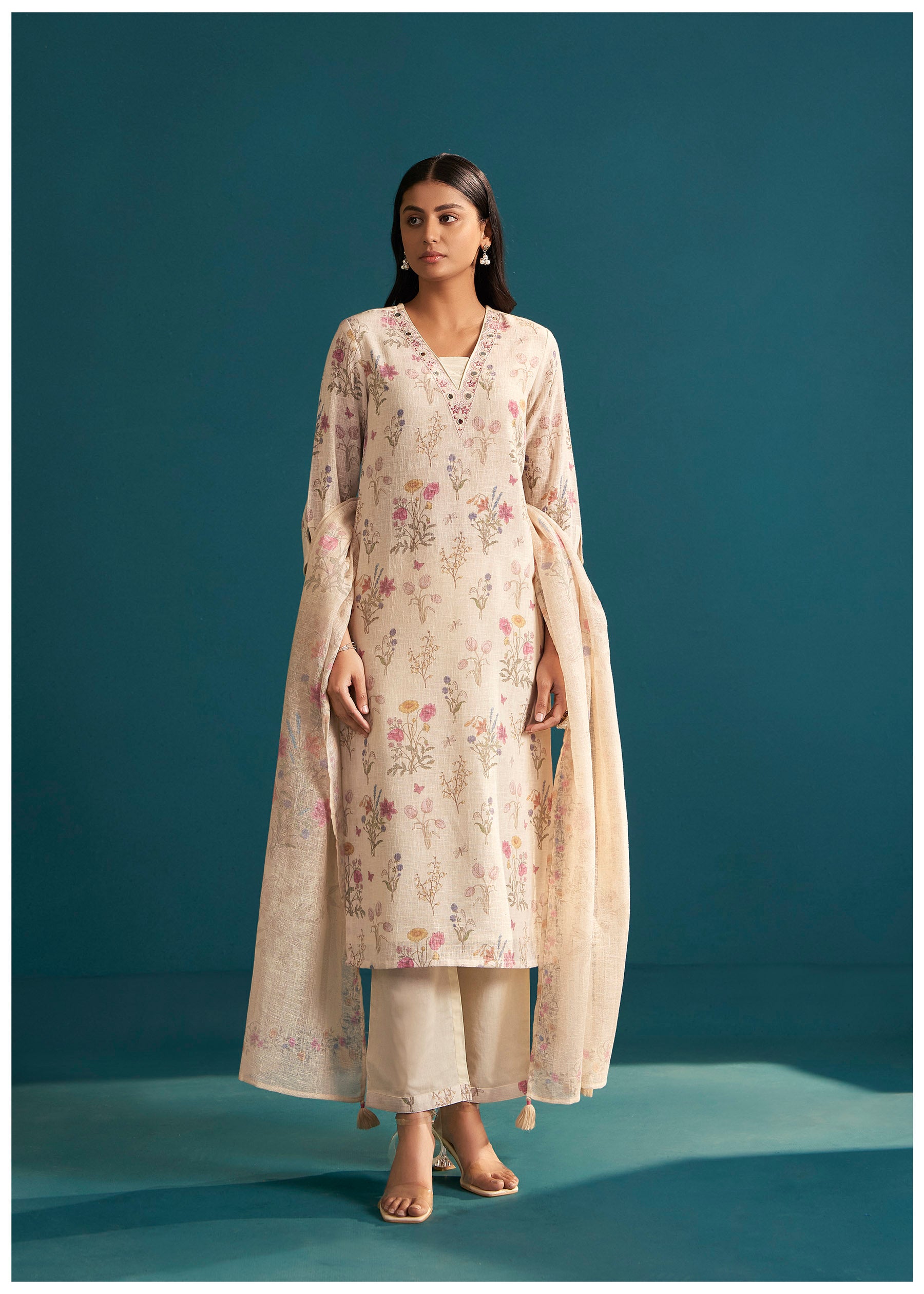 Sonnet Digital Print Embroidered Linen Kurta Set