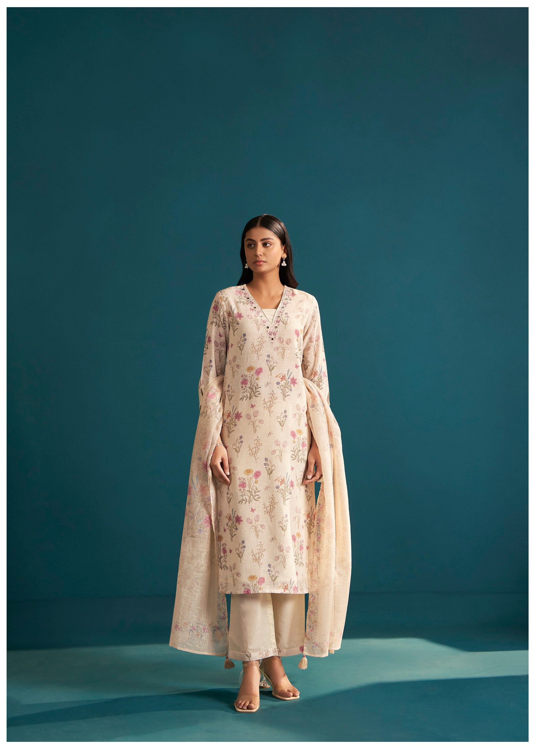 Sonnet Digital Print Embroidered Linen Kurta Set