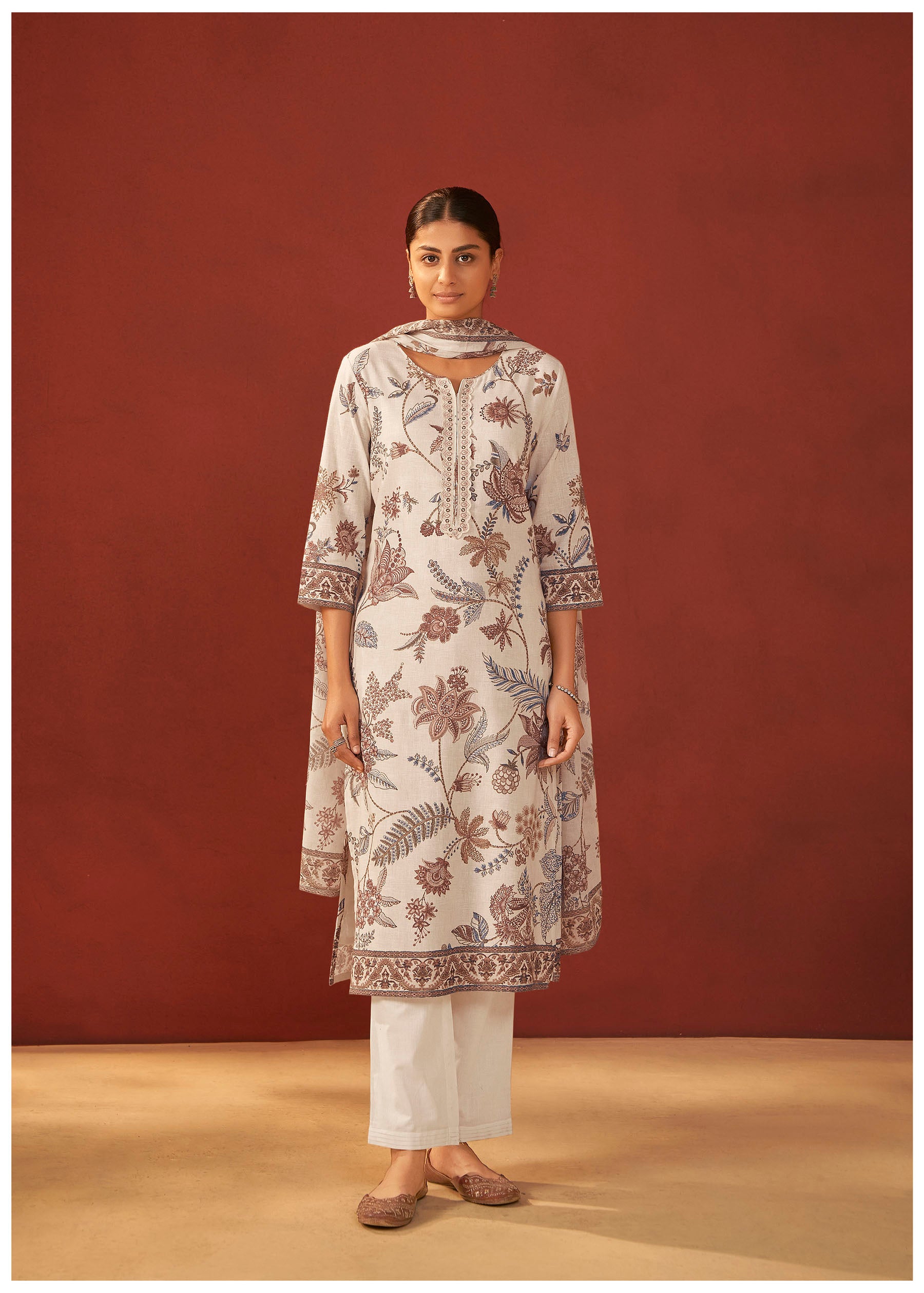 Avenza Cream Printed Linen Kurta Set