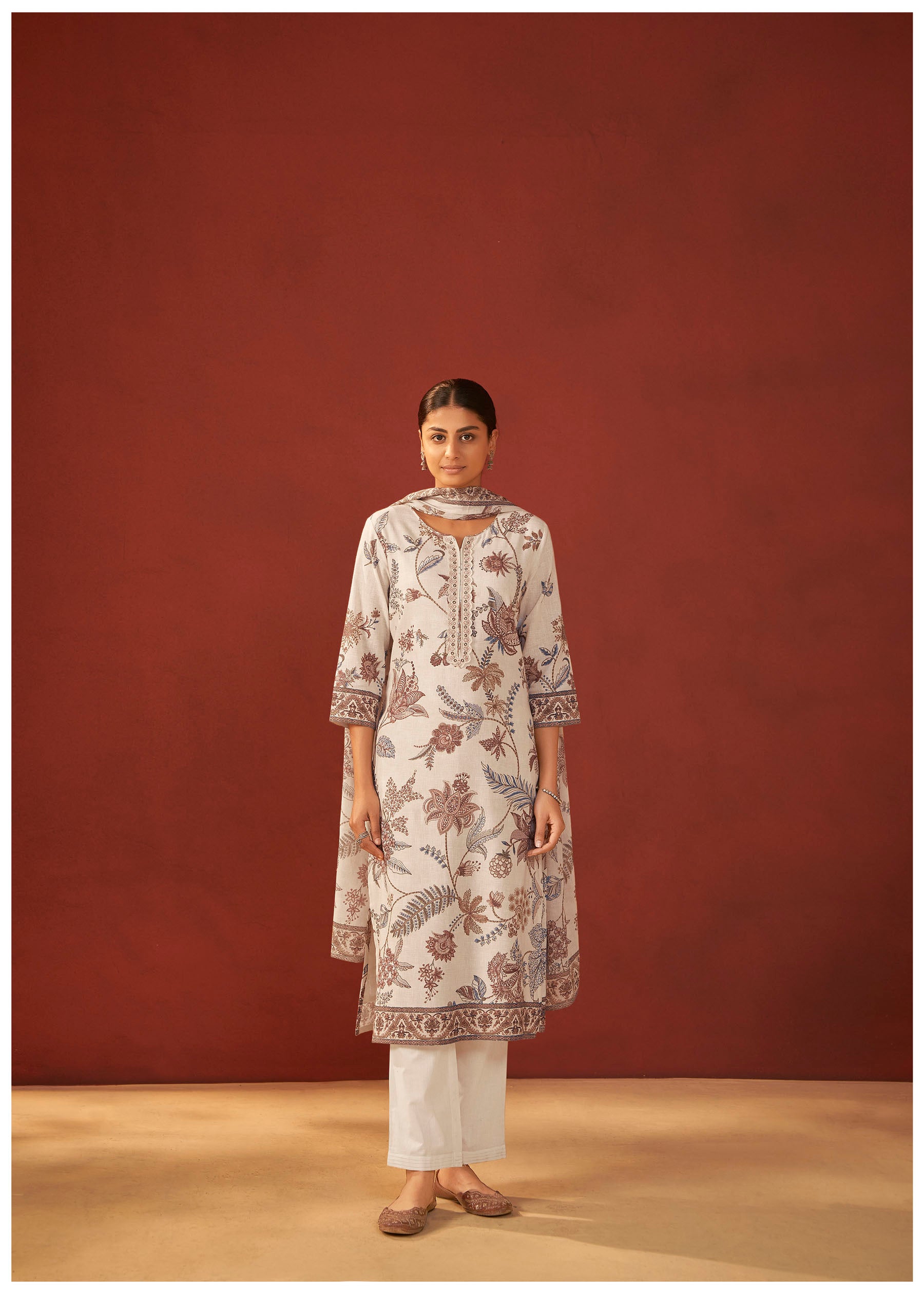 Avenza Cream Printed Linen Kurta Set