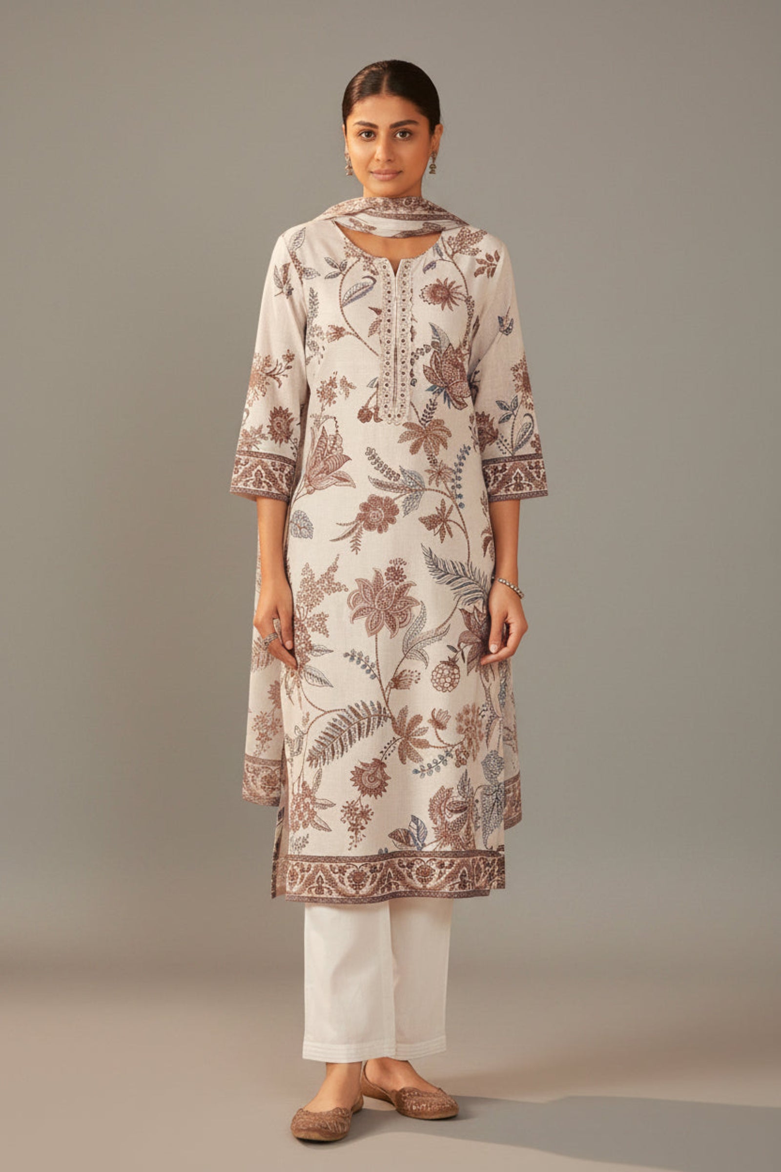 Avenza Cream Printed Linen Kurta Set